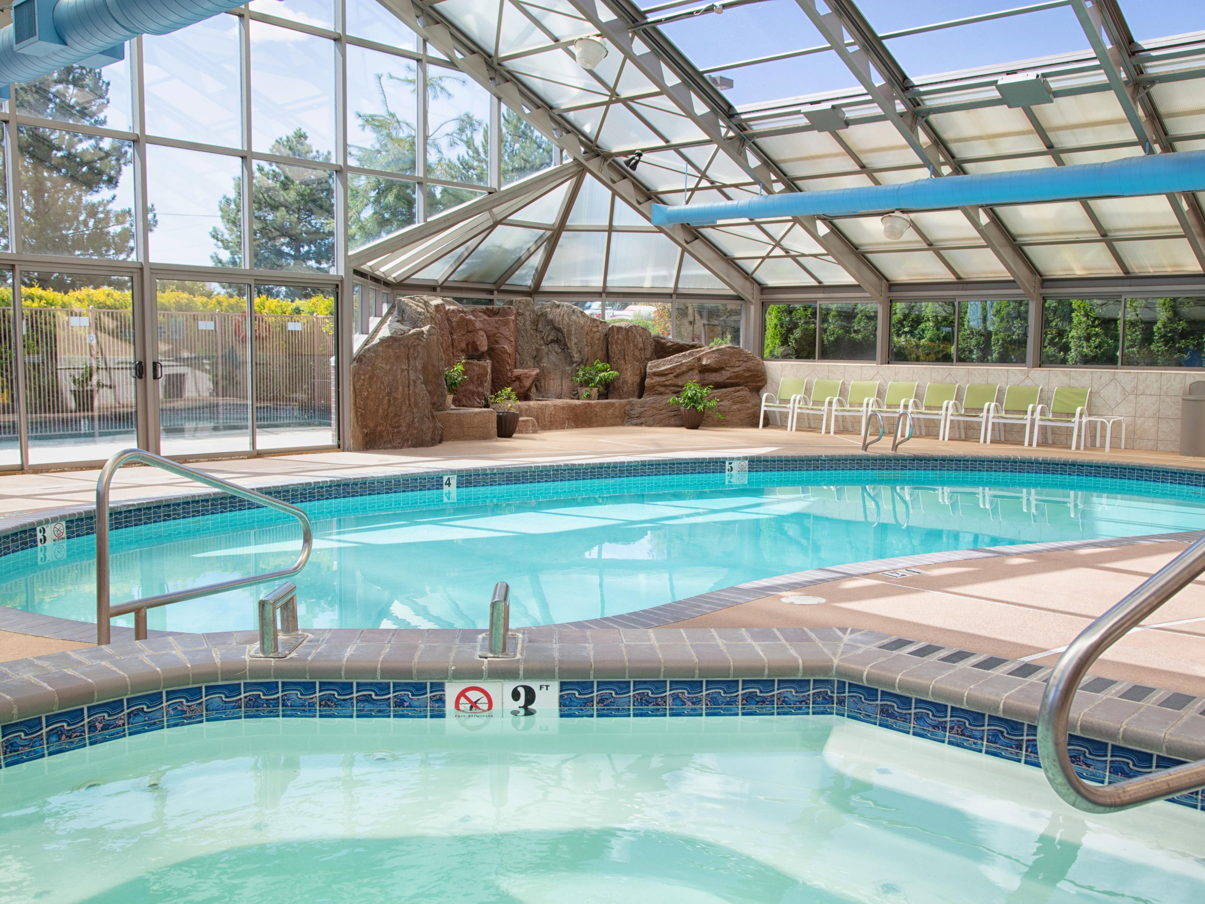 That's right, our pool is open 24-hours a day! Make a splash and enjoy our tropical themed indoor heated pool or relax and unwind in our hot tub.