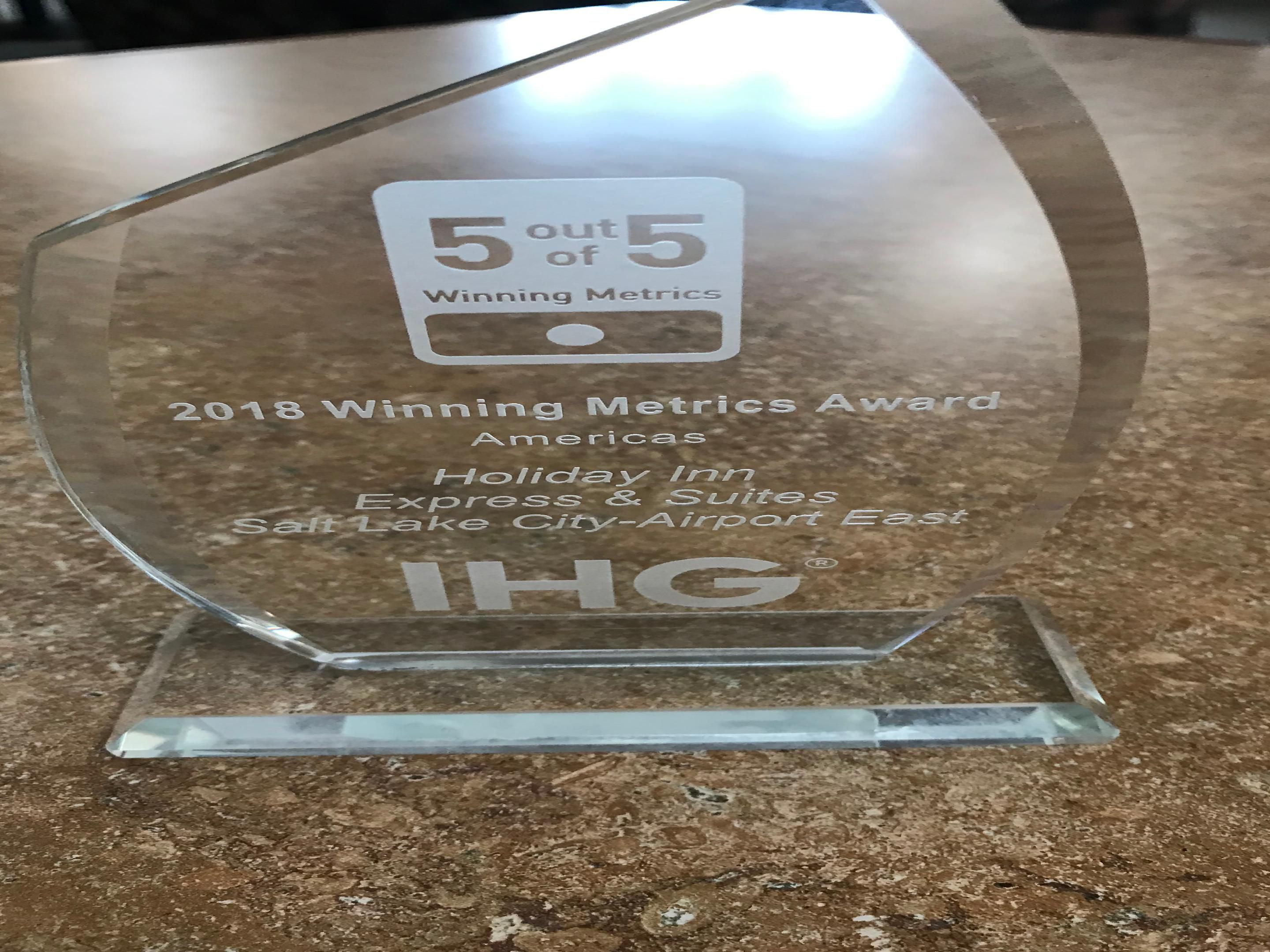Salt Lake City Holiday Inn Express & Suites Airport East has won 2 awards for IHG Winning Metrics and AAA Inspector's Best of Housekeeping Award.