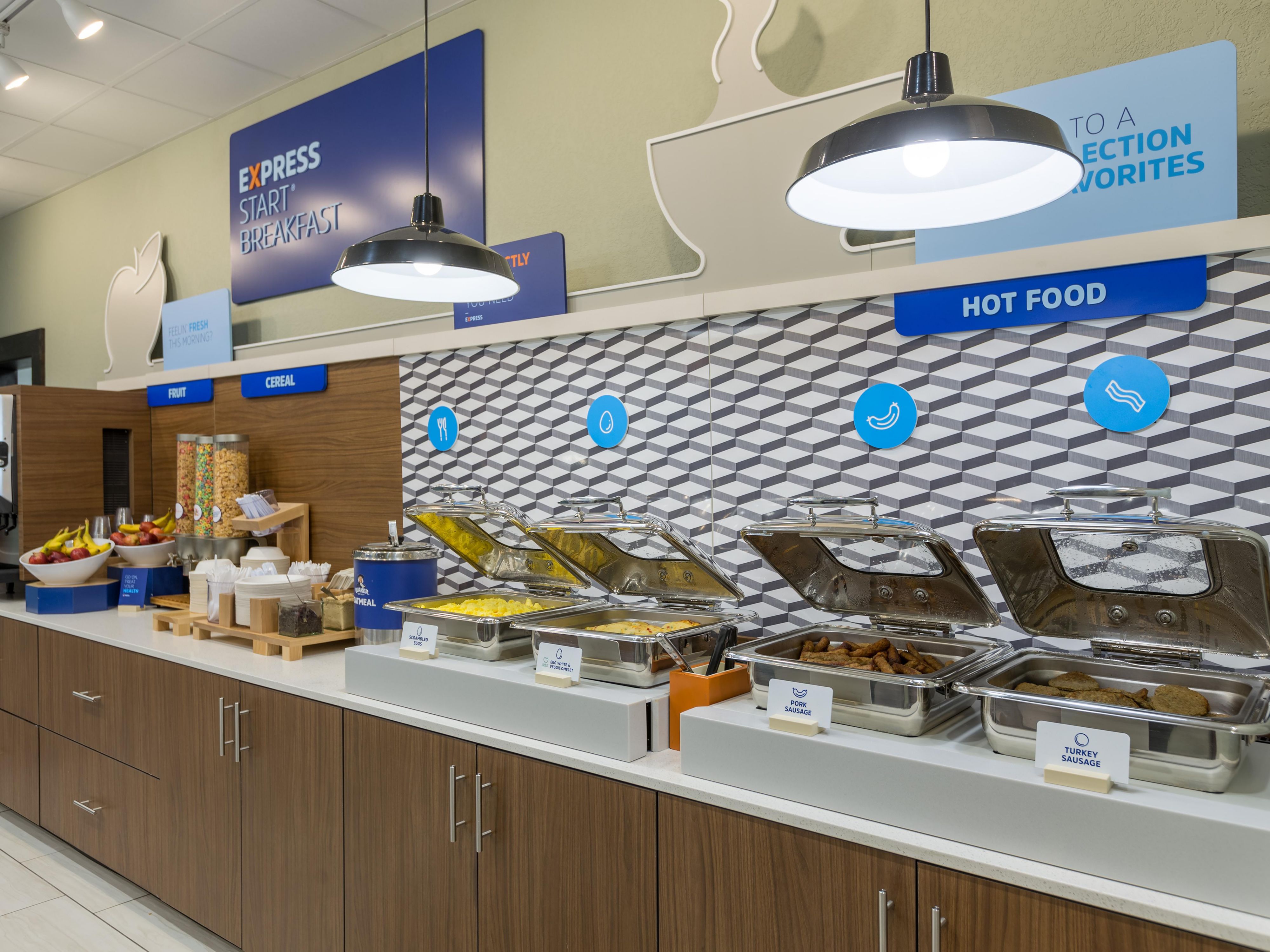 Enjoy our unique Express Start Breakfast Buffet Bar which offers a variety of hot and cold options including a rotation of egg and meat selections, muffins, biscuits and 24/7 complimentary coffee. Did we mention our one-touch pancake machine? Believe it or not, come see for yourself! 