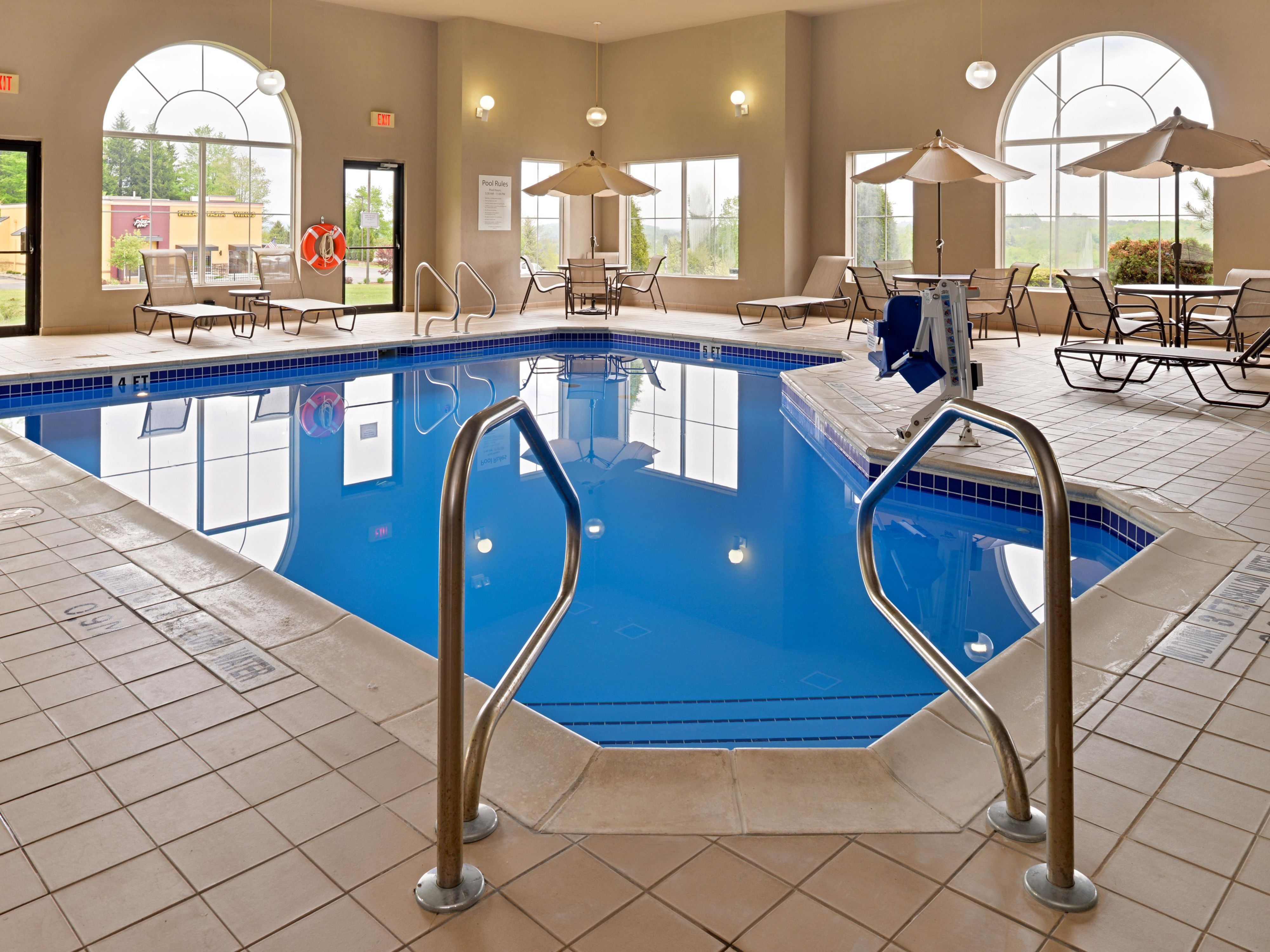 We have an indoor heated pool. Swimming from 7am until 11pm every night, even when it is snowing outside. 