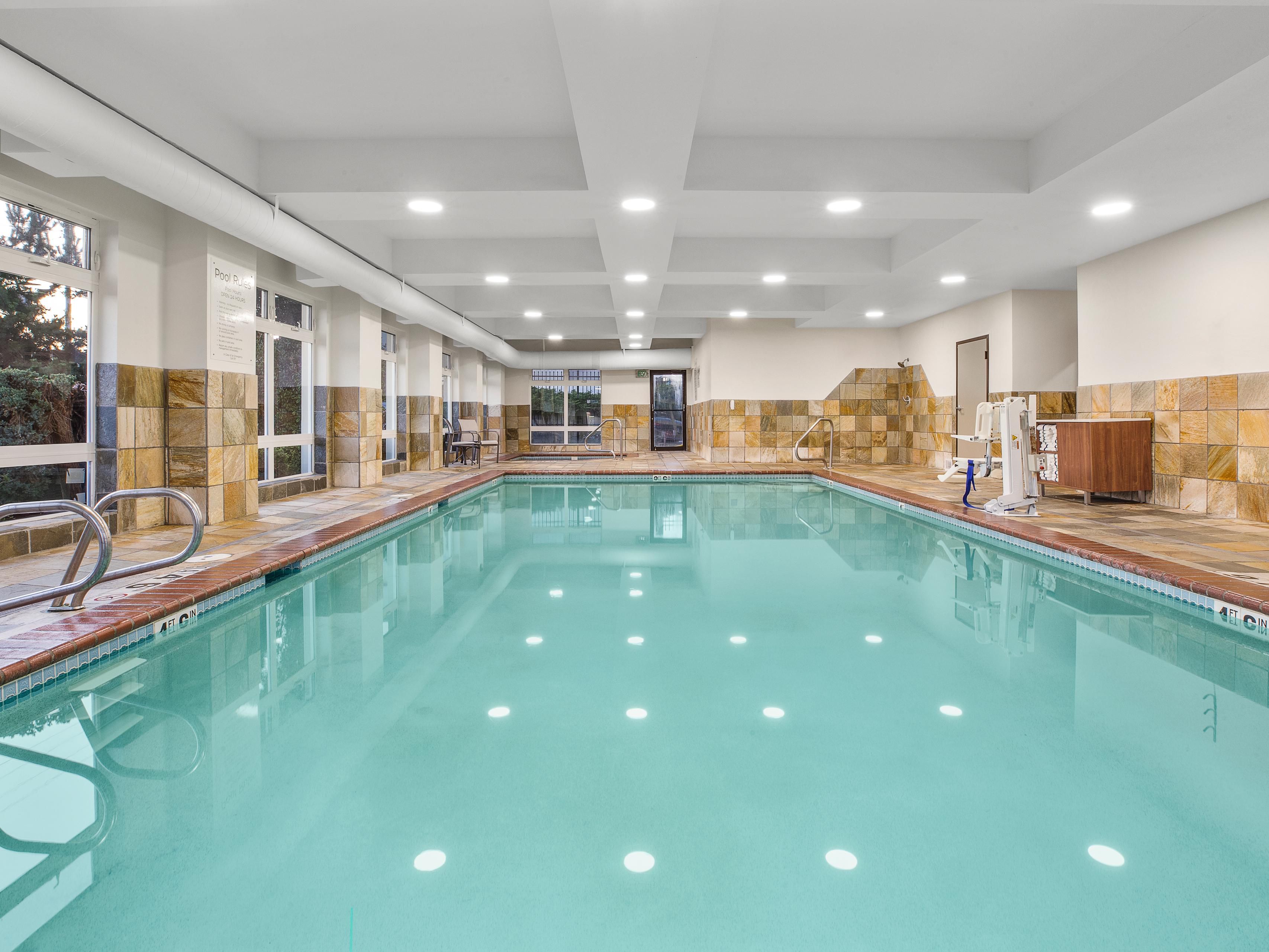 Take a refreshing dip in our large, indoor heated pool with windows looking out at our beautiful landscaping. Relax in a poolside chair and watch the kids splash or swim a few solo laps before hopping in the soothing jacuzzi. Our pool is equipped with a lift for maximum accessibility, and we provide all the fresh towels you need for your swim.