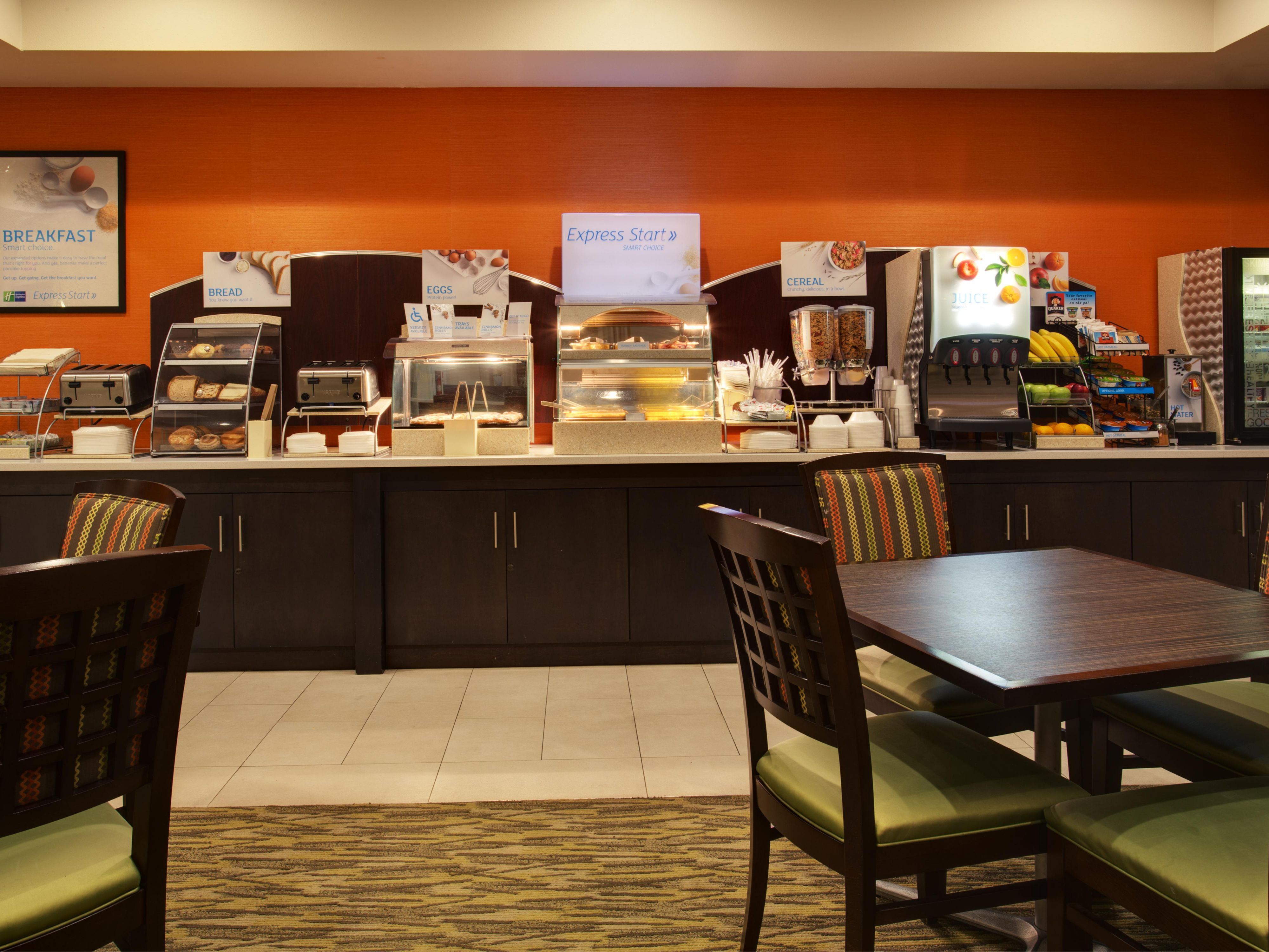 Wake up each morning and jump-start your stay at our Express Start Breakfast bar. You will find a full range of breakfast items including egg white omelets, Chobani yogurt, whole wheat English muffins, oatmeal, cereal and a one-touch pancake machine.