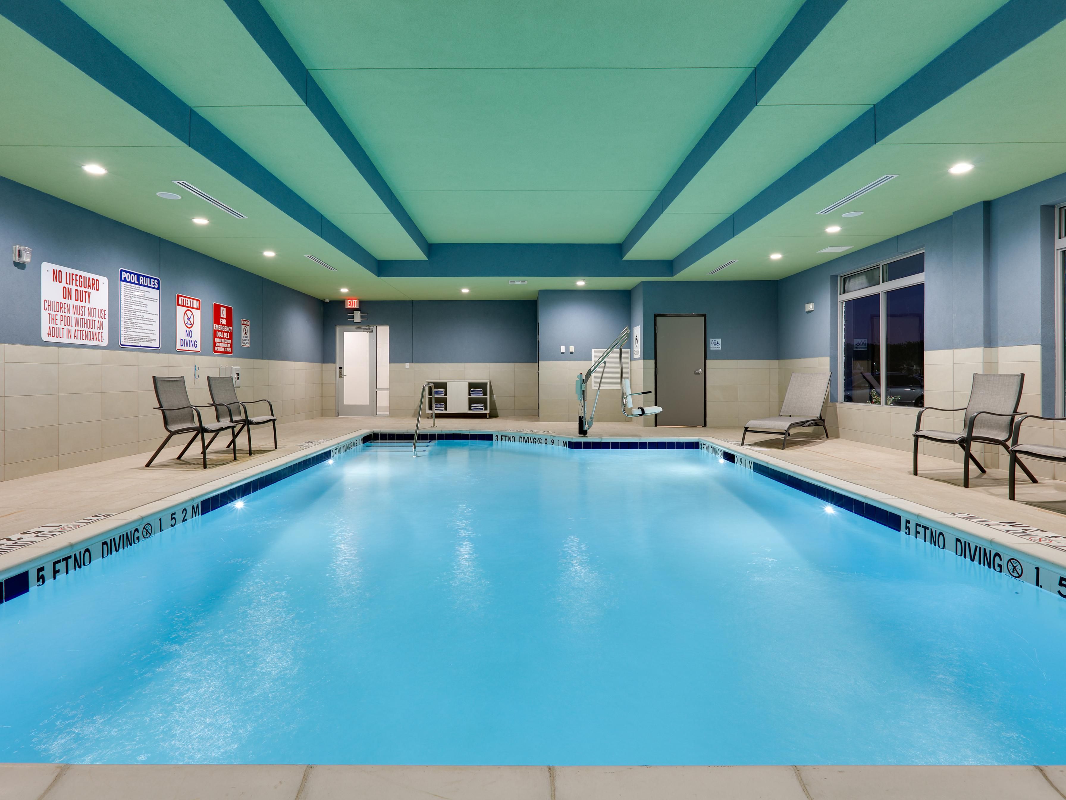 Enjoy our indoor pool from 9am to 9pm every day at the Holiday Inn Express & Suites Plano- The Colony at Grandscape. 