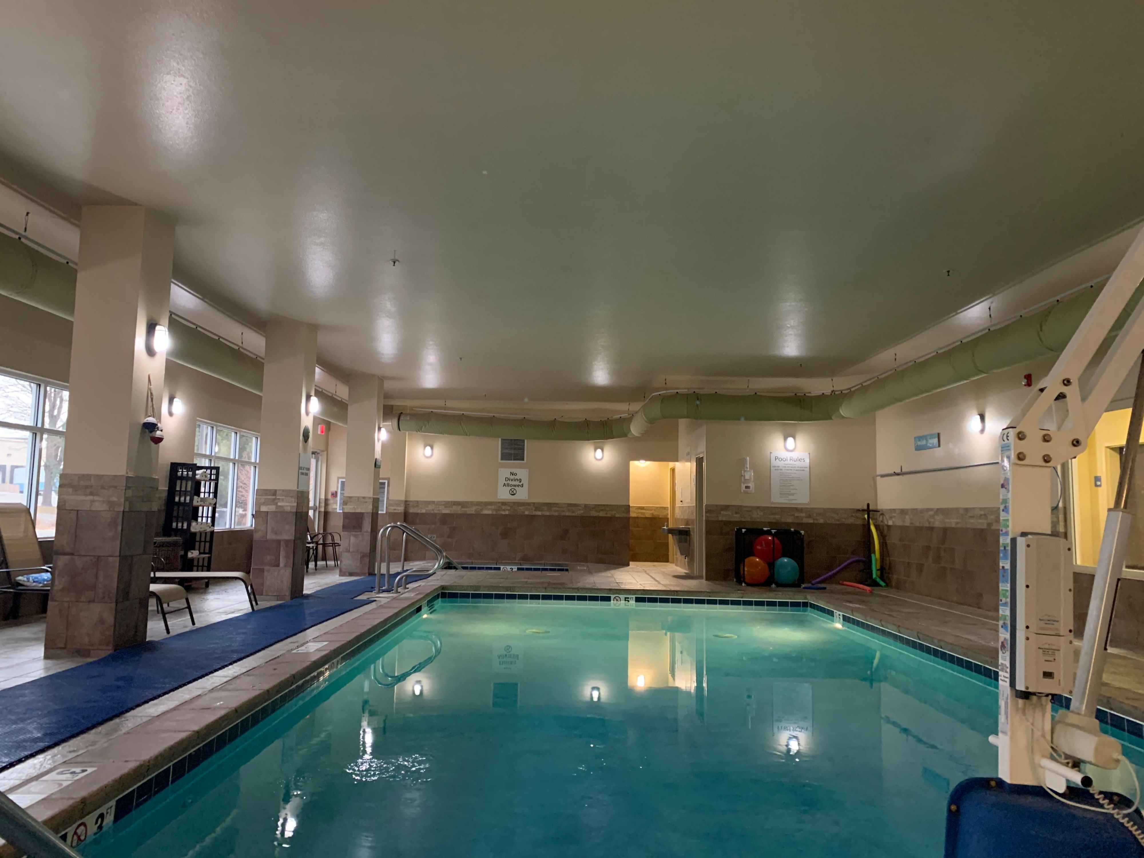 Come warm up in our heated indoor pool and relaxing whirlpool. Our pool is heated to a comfortable 83 degrees. Open from 6 am until midnight, the last hour being adults only. 