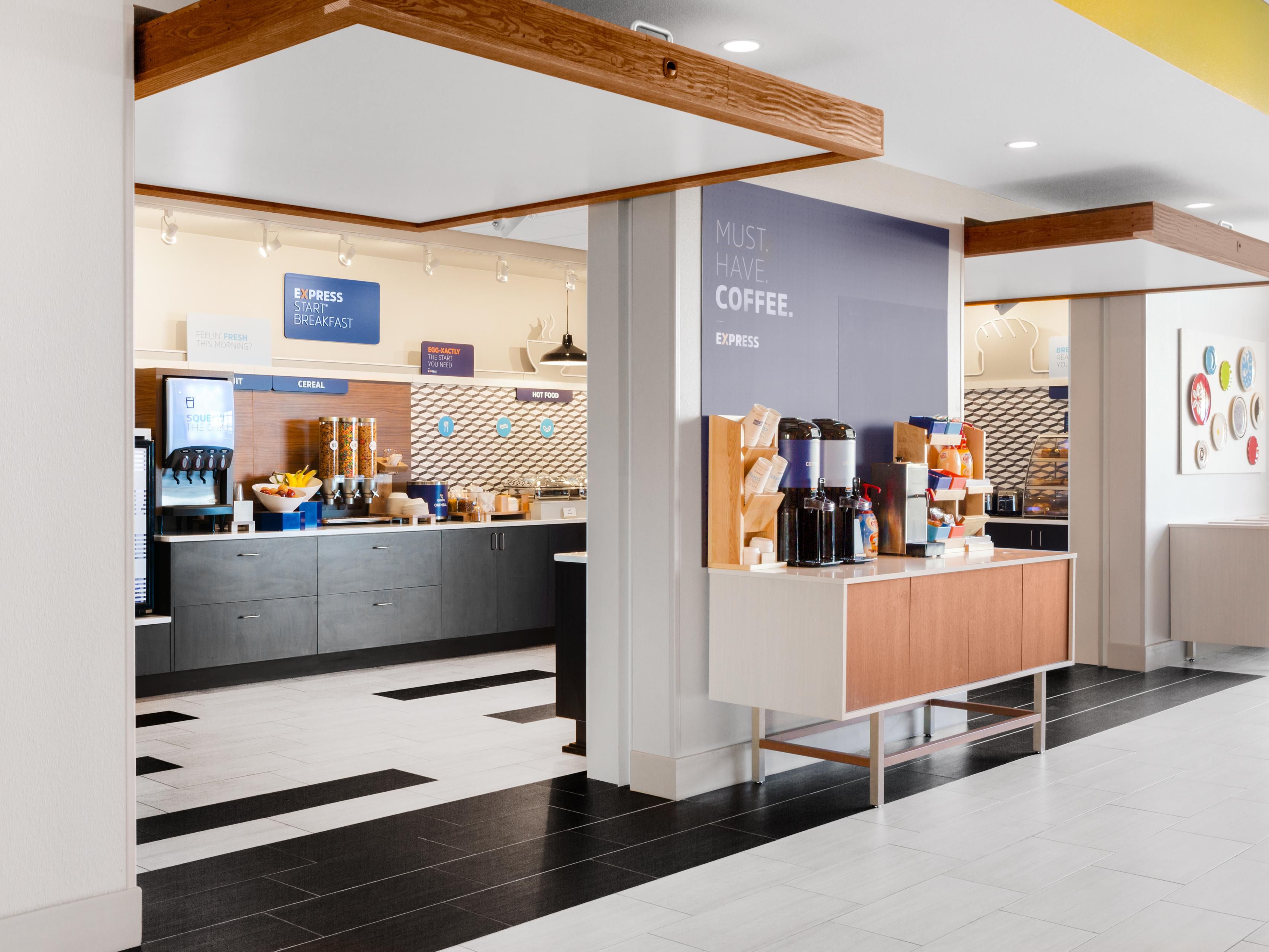 Our complimentary Express Start Breakfast bar offers a wide variety of hot & cold options including a rotation of egg & meat selections, biscuits or muffins, fruit, our famous cinnamon rolls & Smart Roast coffee. Did we mention our one-touch pancake machine or our freshly cooked oatmeal kettle? You must see it for yourself!