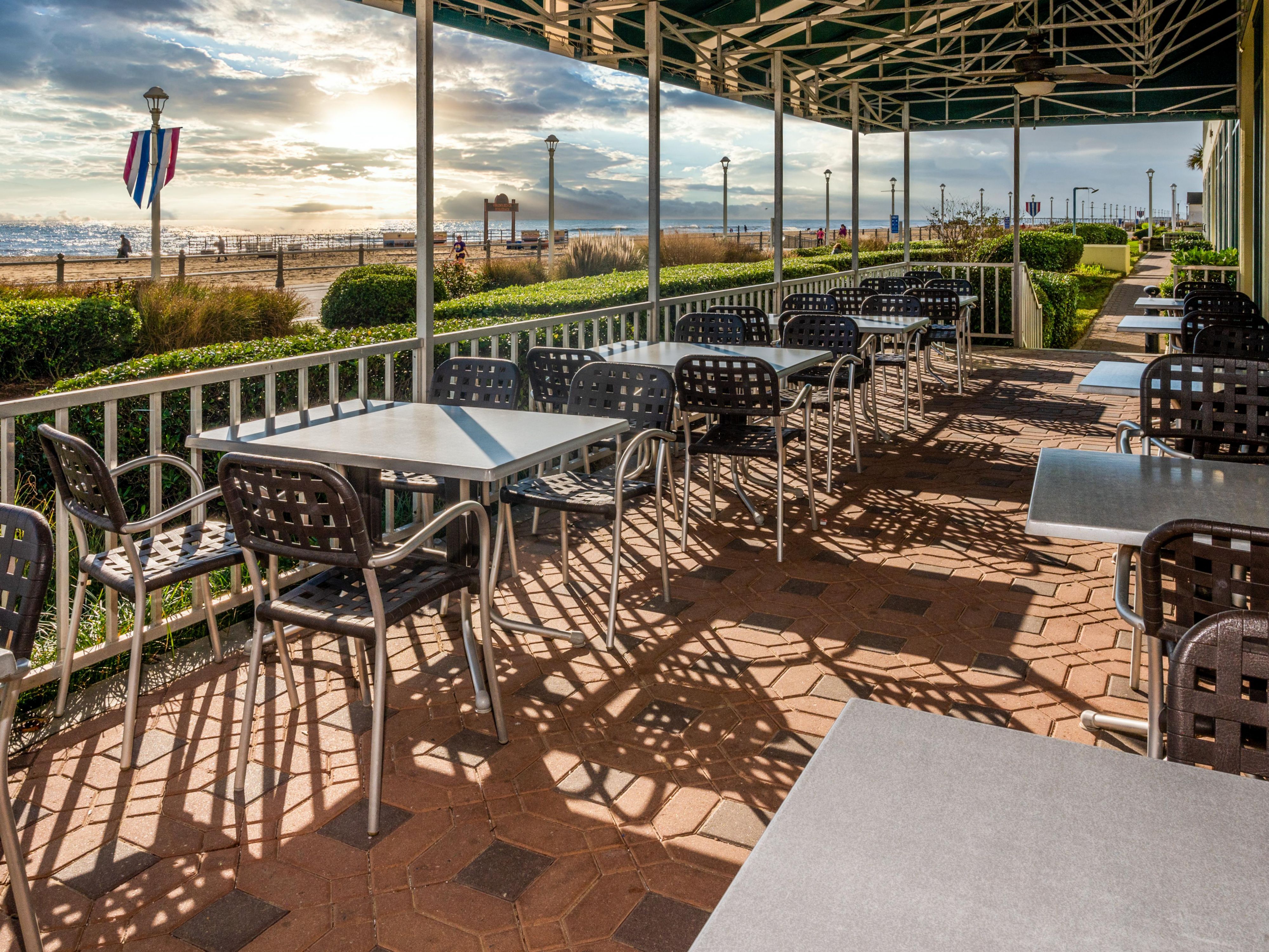 Enjoy our outdoor patio with a beautiful view of the Atlantic Ocean. The patio is a perfect spot to enjoy the morning sunrise and evening ocean breezes. With seating up to 30 guests, give us a call to book the patio for your next event.