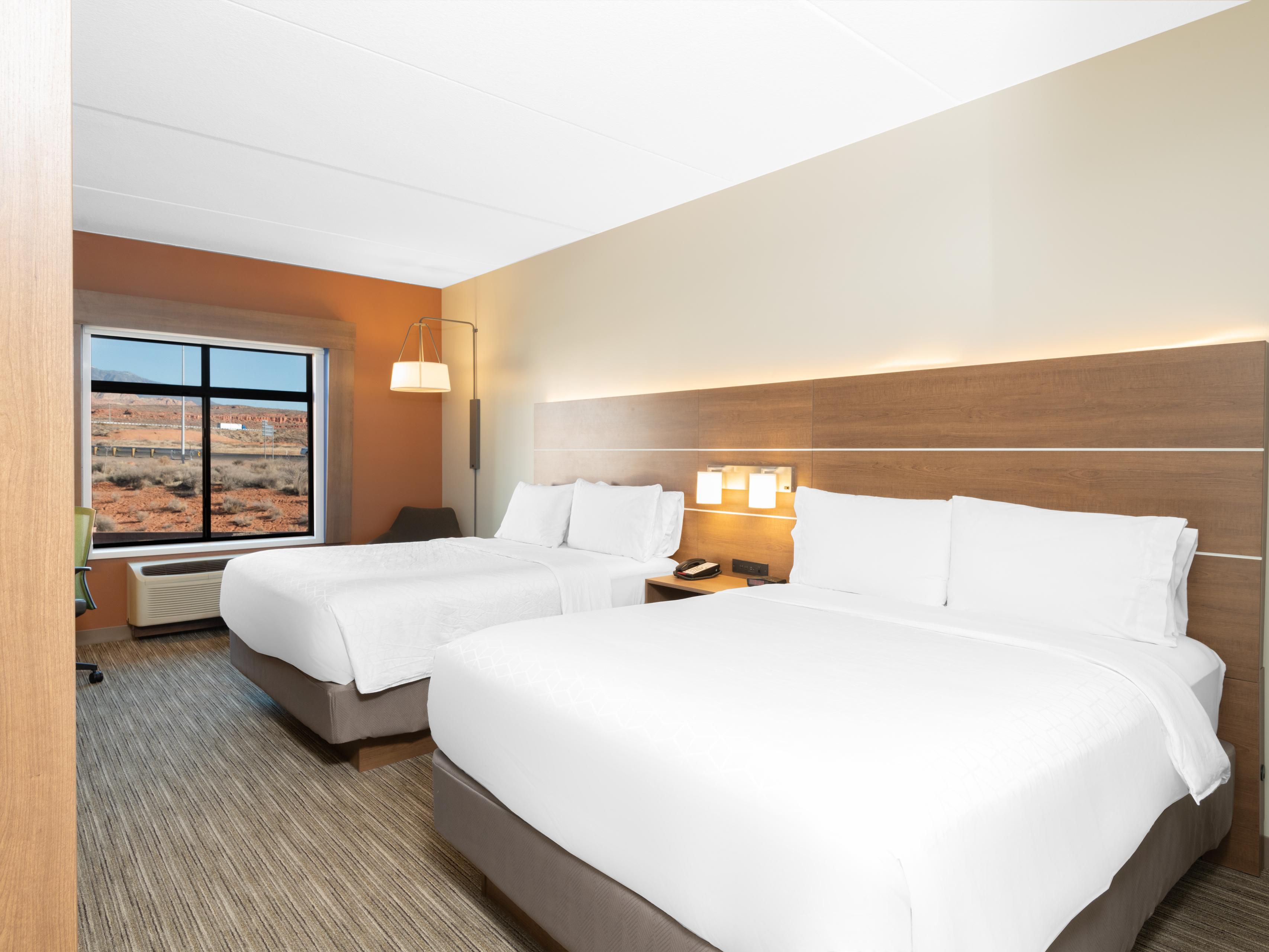 Relax and recharge in our spacious two-bedroom suites, perfect for families or extended stays. Located just minutes from Zion National Park, our suites offer separate living and sleeping areas, premium bedding, and all the comforts of home, including a mini-fridge, microwave, and complimentary Wi-Fi. Ideal for your next Southern Utah adventure!