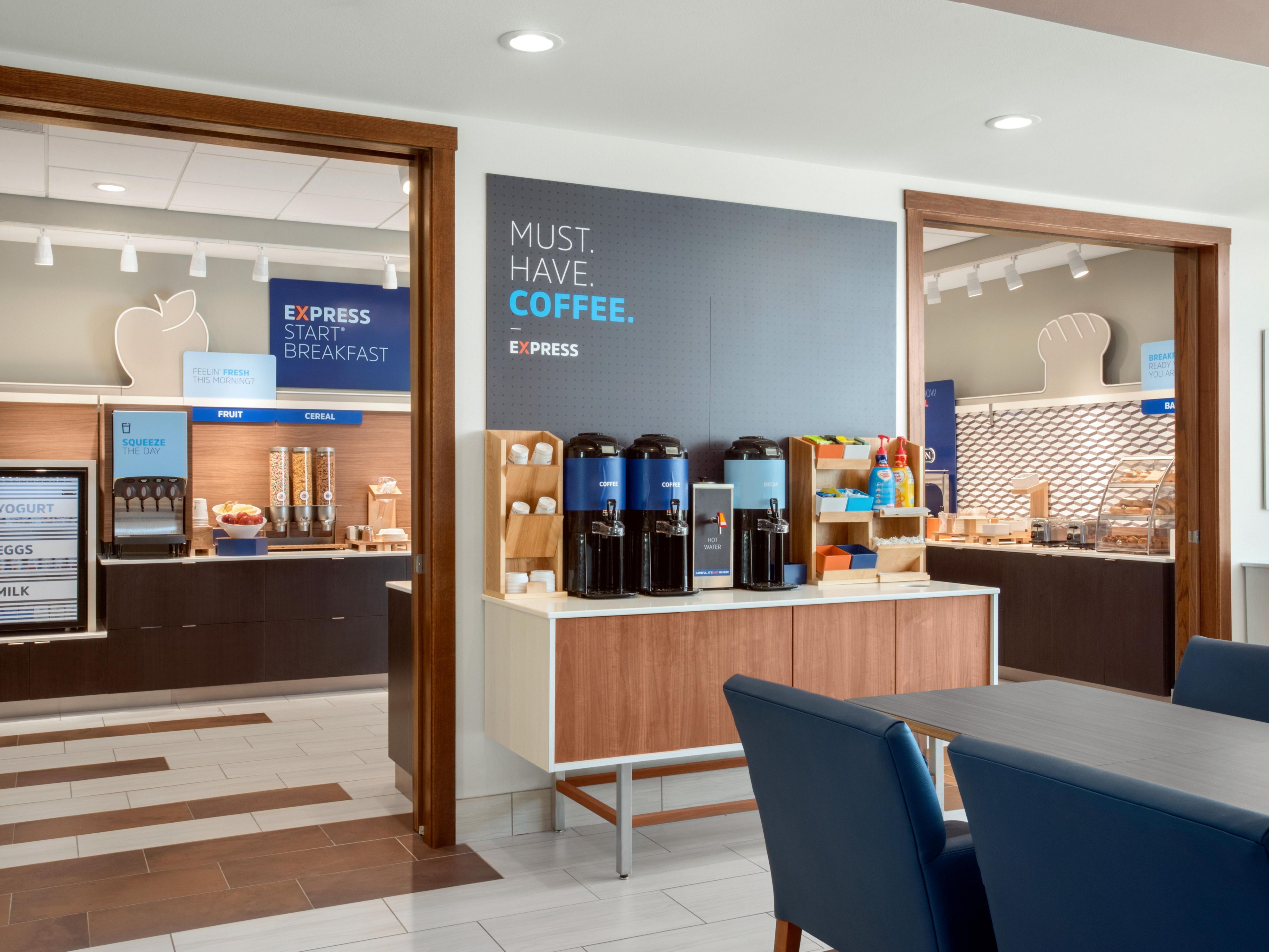 You can be sure to start your morning right with fresh hot breakfast in our lobby. Our hotel features a complimentary "Express Start" hot breakfast buffet that includes eggs, waffles, cinnamon rolls, and freshly brewed coffee. 