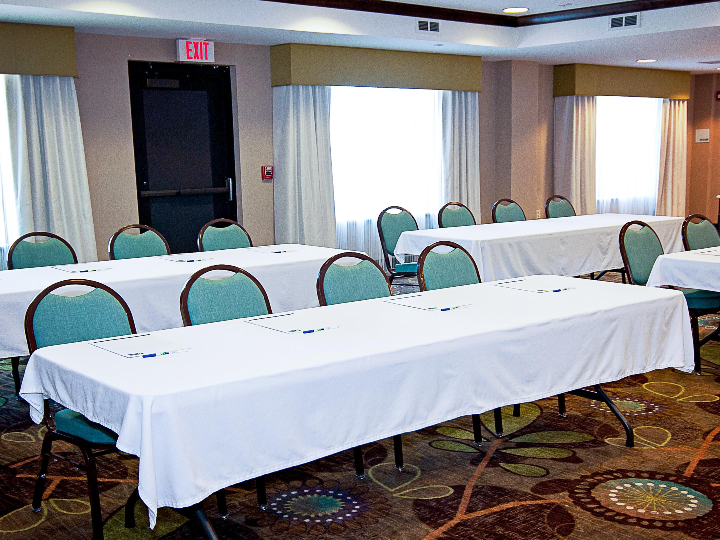 Our spacious meeting room is a great place to hold your meetings while your employees enjoy a great place to stay. A patio with a fire pit is right outside for those quick pick me up break times. Contact our sales department today for more booking information.