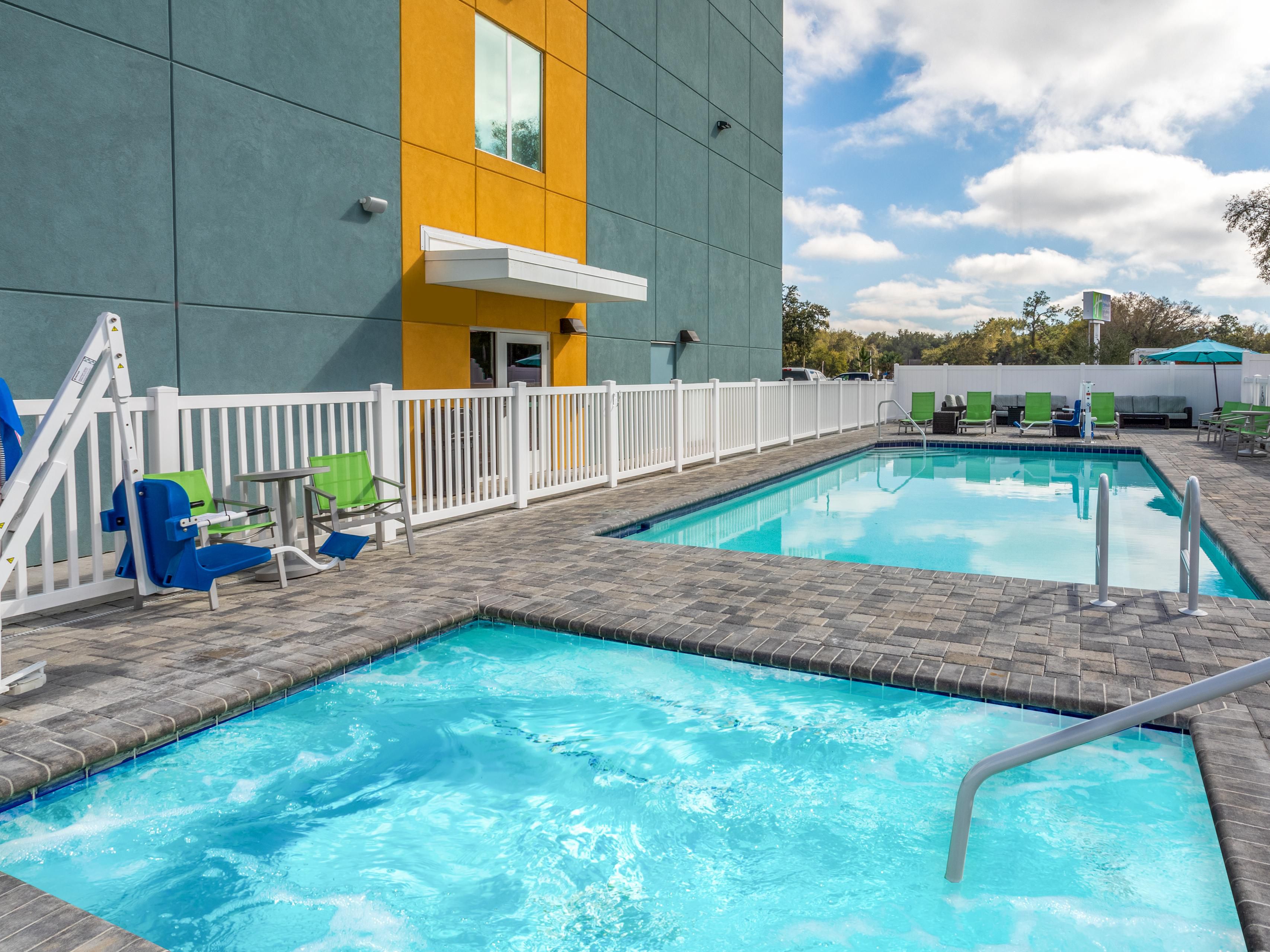 Enjoy fun in the sun, or the beautiful mild nights on the hotel's outside patio.  An outdoor grill, soft patio seating will be the perfect place to wind down and relax with your family in the evening. The hotel has a refreshing pool and hot tub, and inviting lounge chairs for those who truly enjoy the sun and water.