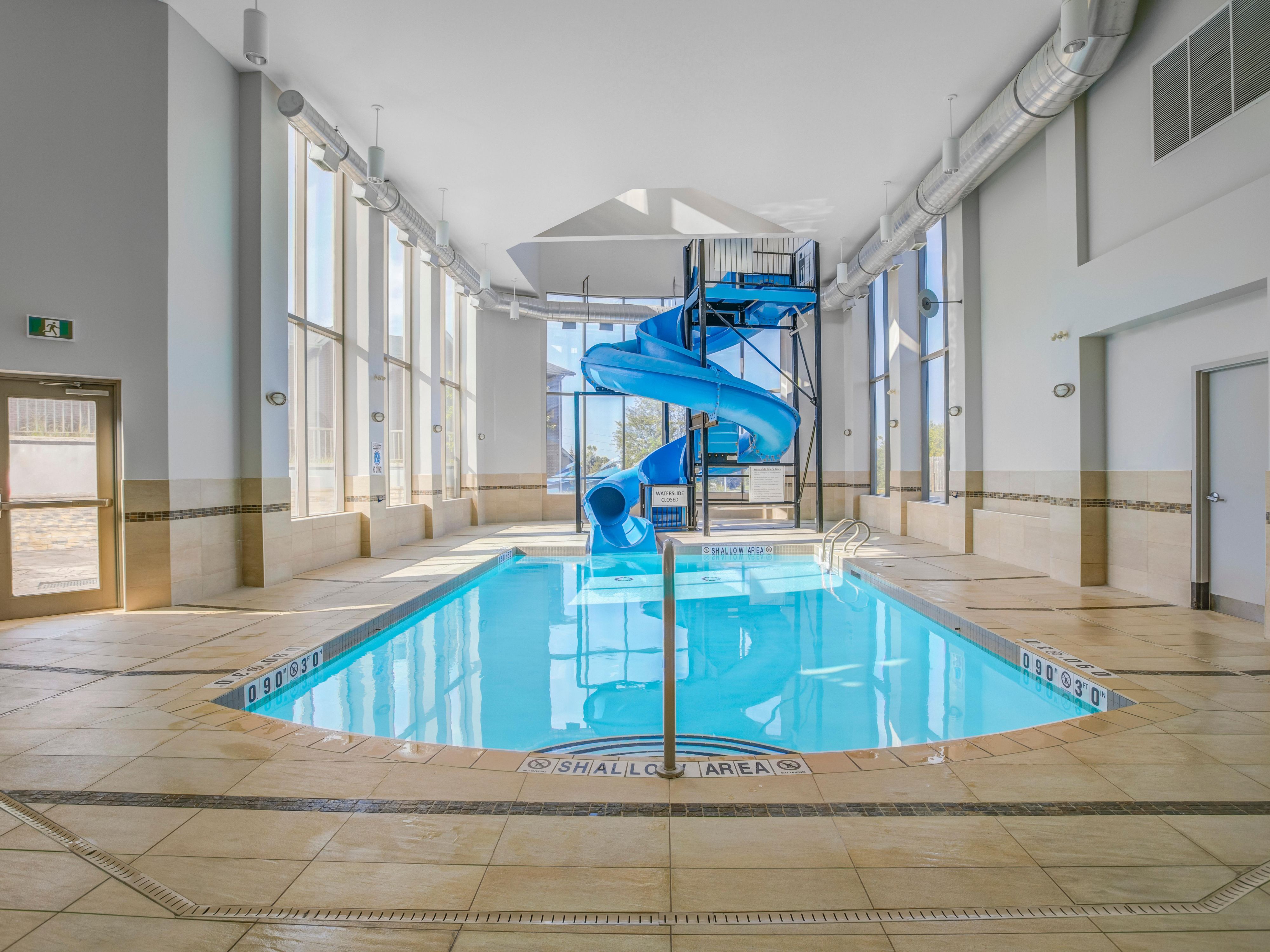 You and your kids will love our waterslide and our indoor pool! Please note our indoor waterslide is open weekends only. Hours: Friday 5-10PM, Saturday 10AM-1PM and 5PM-10PM and Sunday 9AM-NOON. 
