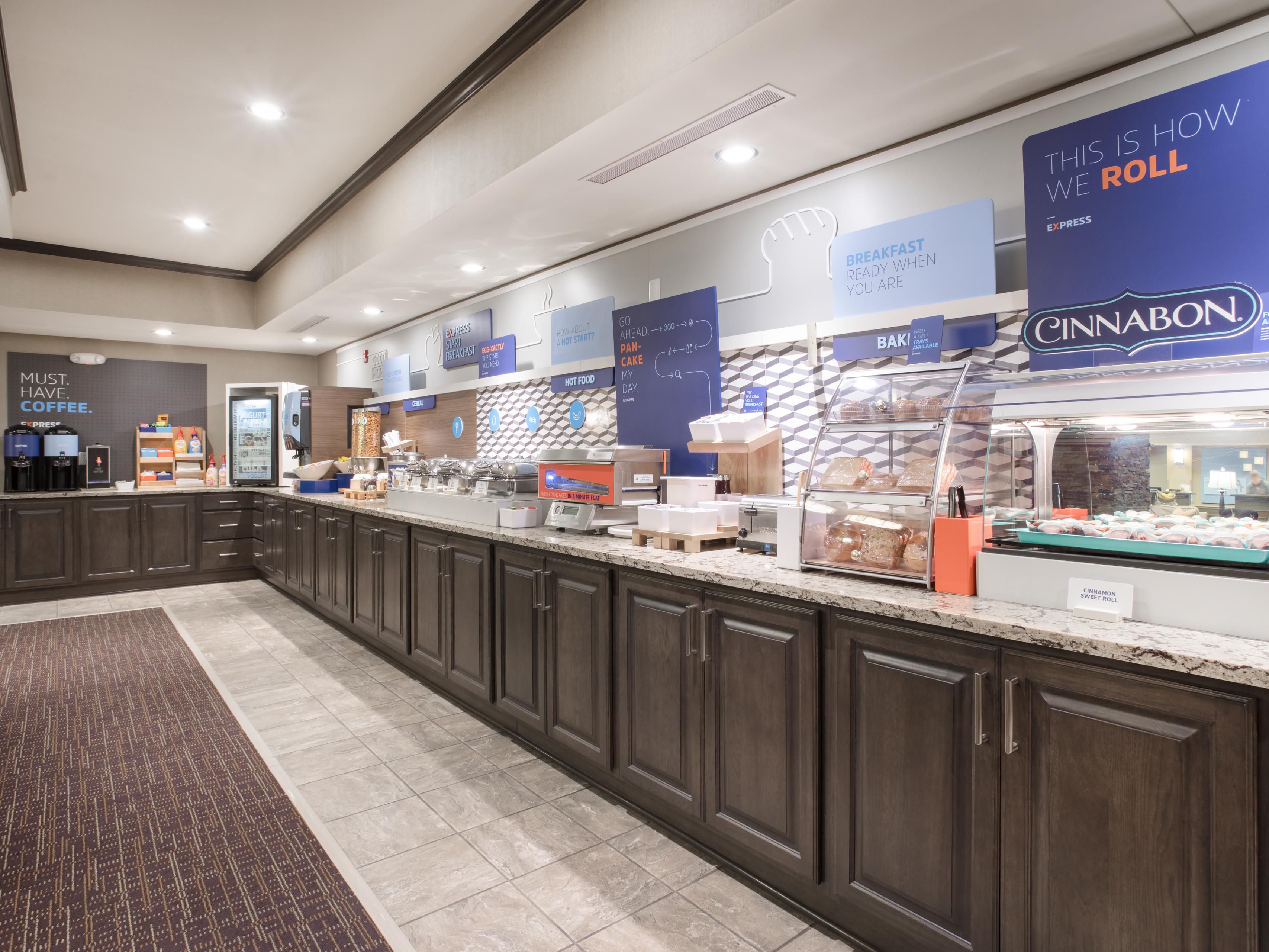 Start your day with fresh bacon and eggs, pancakes, or a sweet roll.  Discover our new options, and new look, always included in your stay.  As always, our complimentary hot coffee is available around the clock.  So, grab a plate, fuel up, and Be The Readiest® to conquer your day!