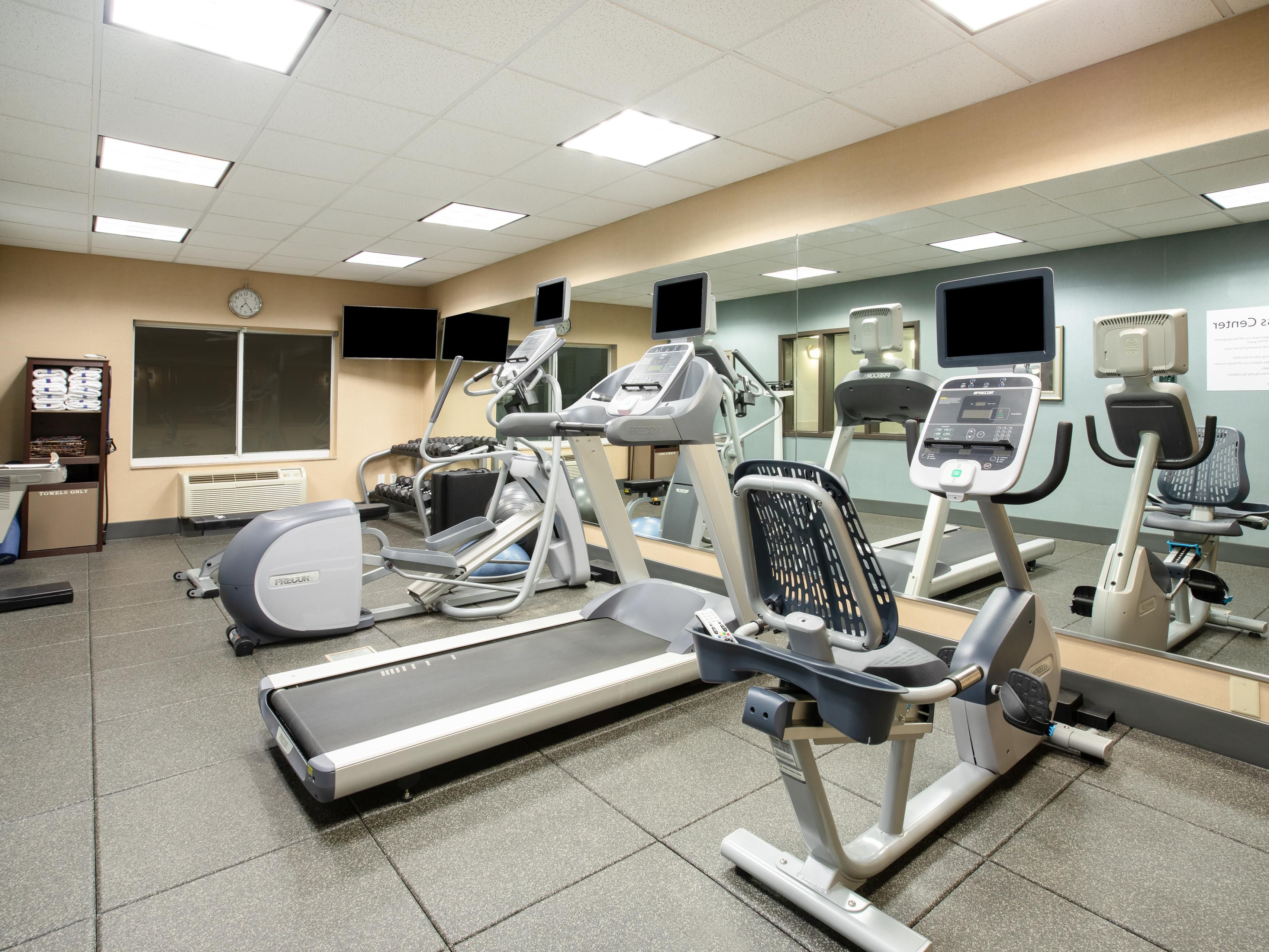 Take advantage of our 24 Hour Fitness Center featuring PRECOR Fitness Equipment, free weights, a bosu and stability ball, and exercise bands.