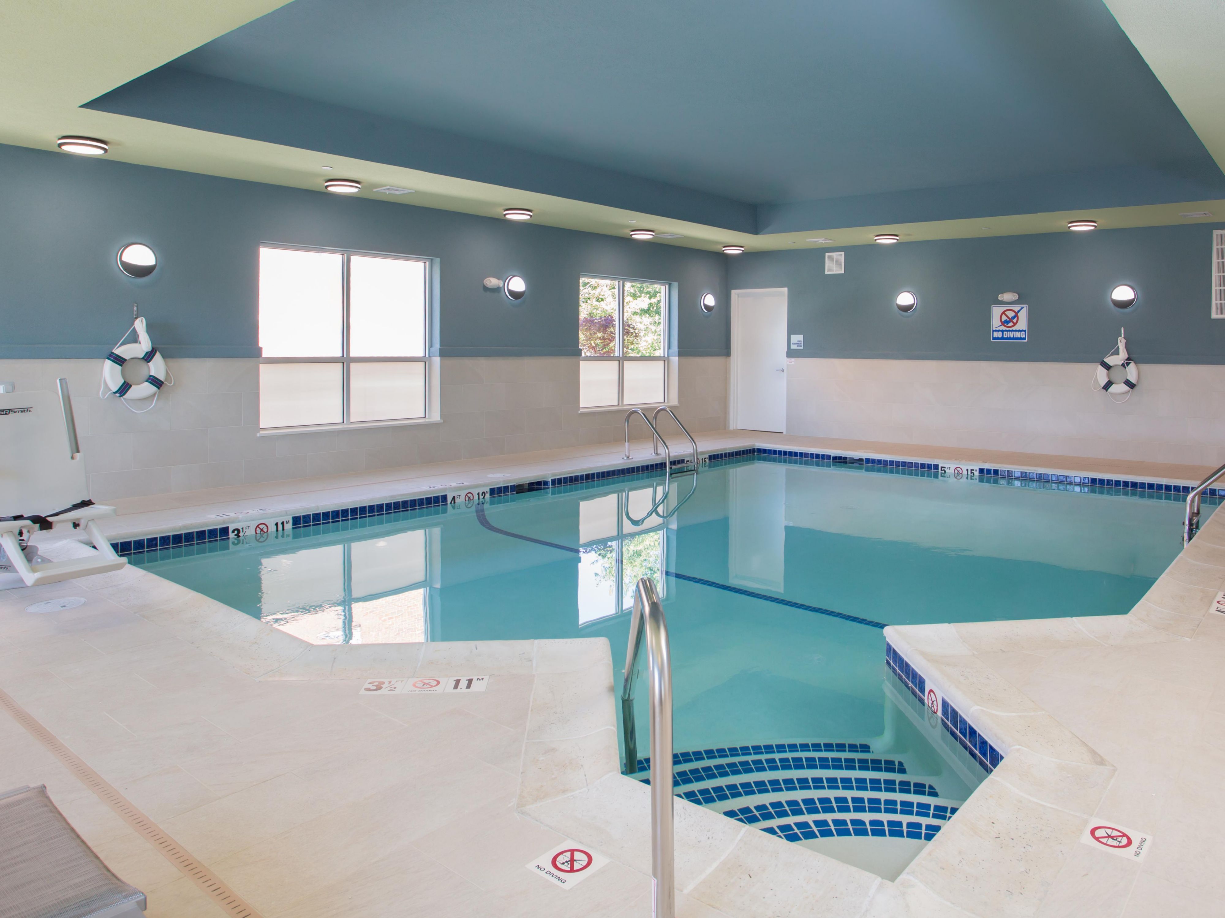 Indoor heated pool with Lifeguard on duty. Currently open with the following availability: Monday thru Thursday 5pm-8pm; Friday 4pm-8pm; Saturday 2pm-8pm and Sunday 8am-12pm.