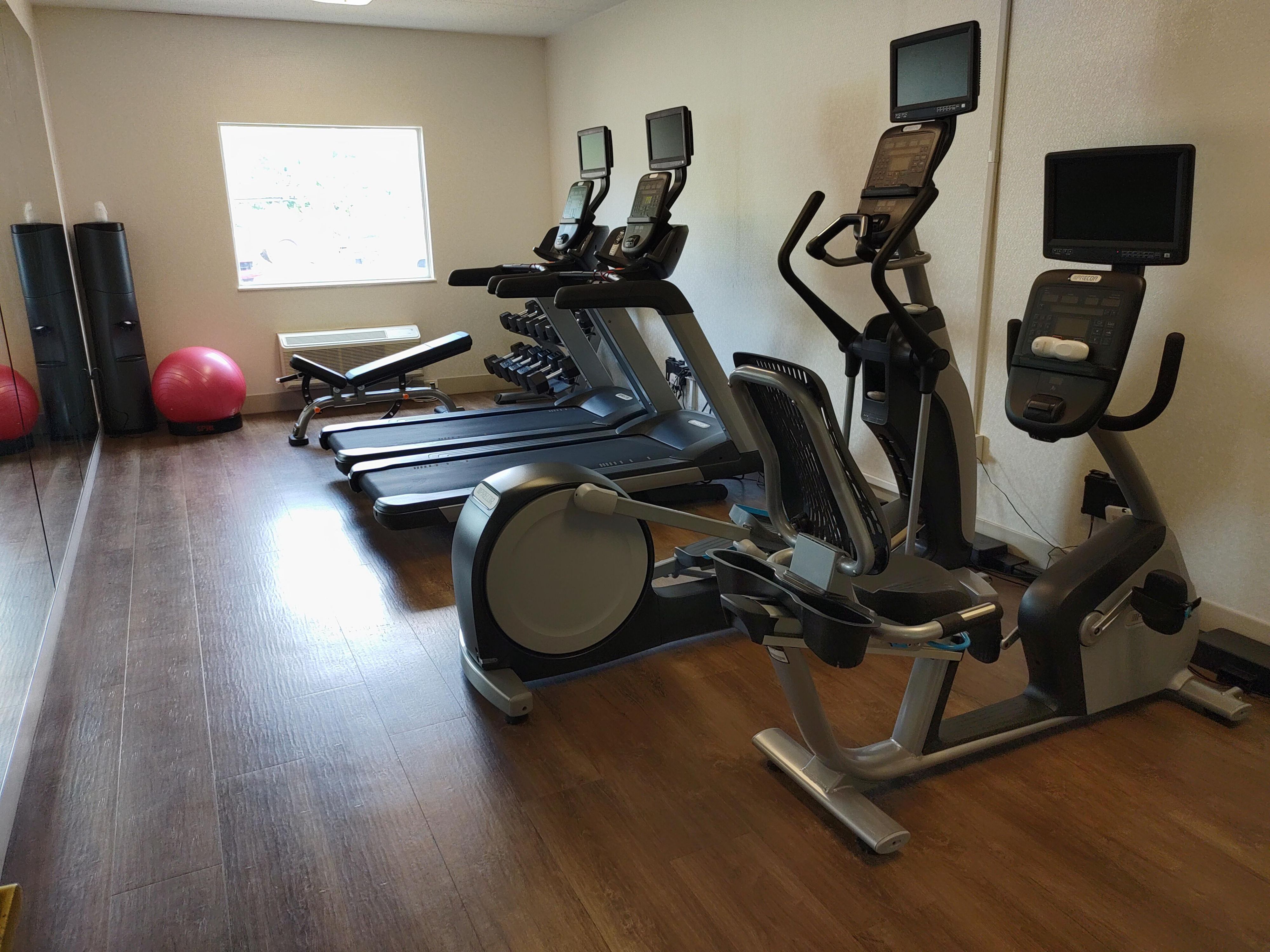 Free Weights, 2 Treadmills, 1 Elliptical and 1 Exercise Bike