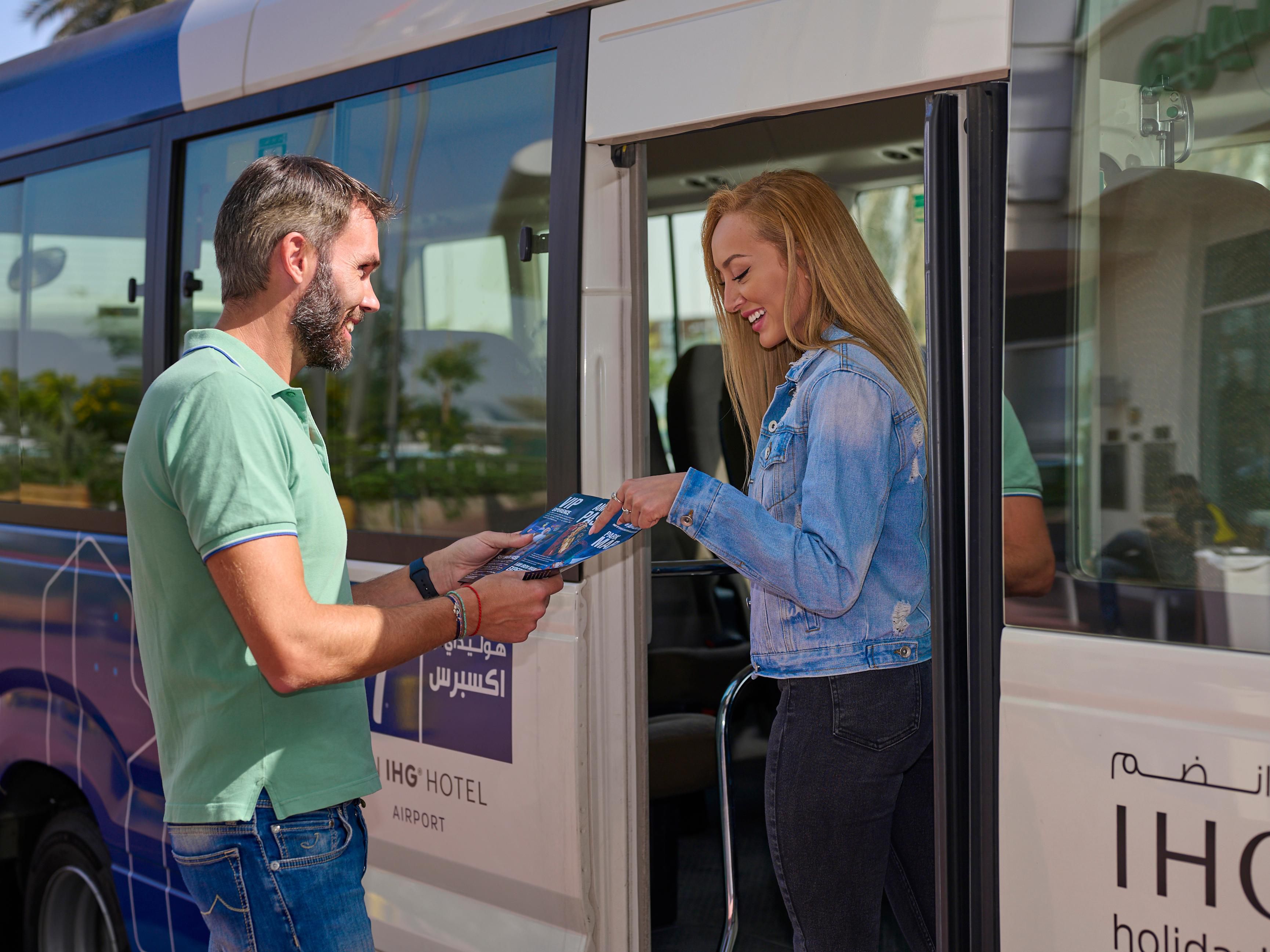 Enjoy seamless travel with our complimentary 24/7 shuttle between Holiday Inn Express Dubai Airport and DXB. Shuttle Bus Schedules:
Terminal 1 (Arrivals): Pick-up at Gate A5, every 15th & 45th minute of each hour.
Terminal 3 (Departures): Bus Parking Area, every 10th & 40th minute of each hour.
Please note that no shuttle service provided for T2