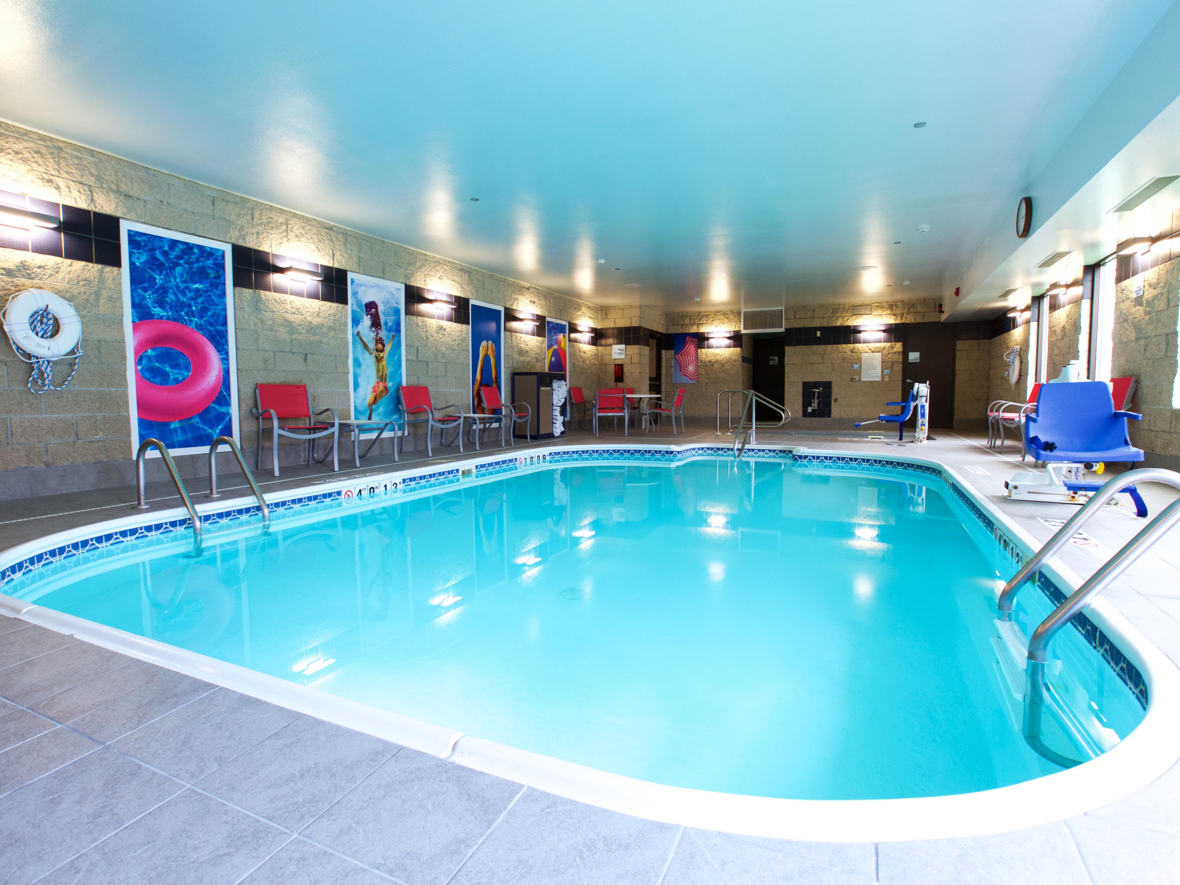 Our indoor heated pool and indoor whirlpool are great relaxing places for guests day or night!