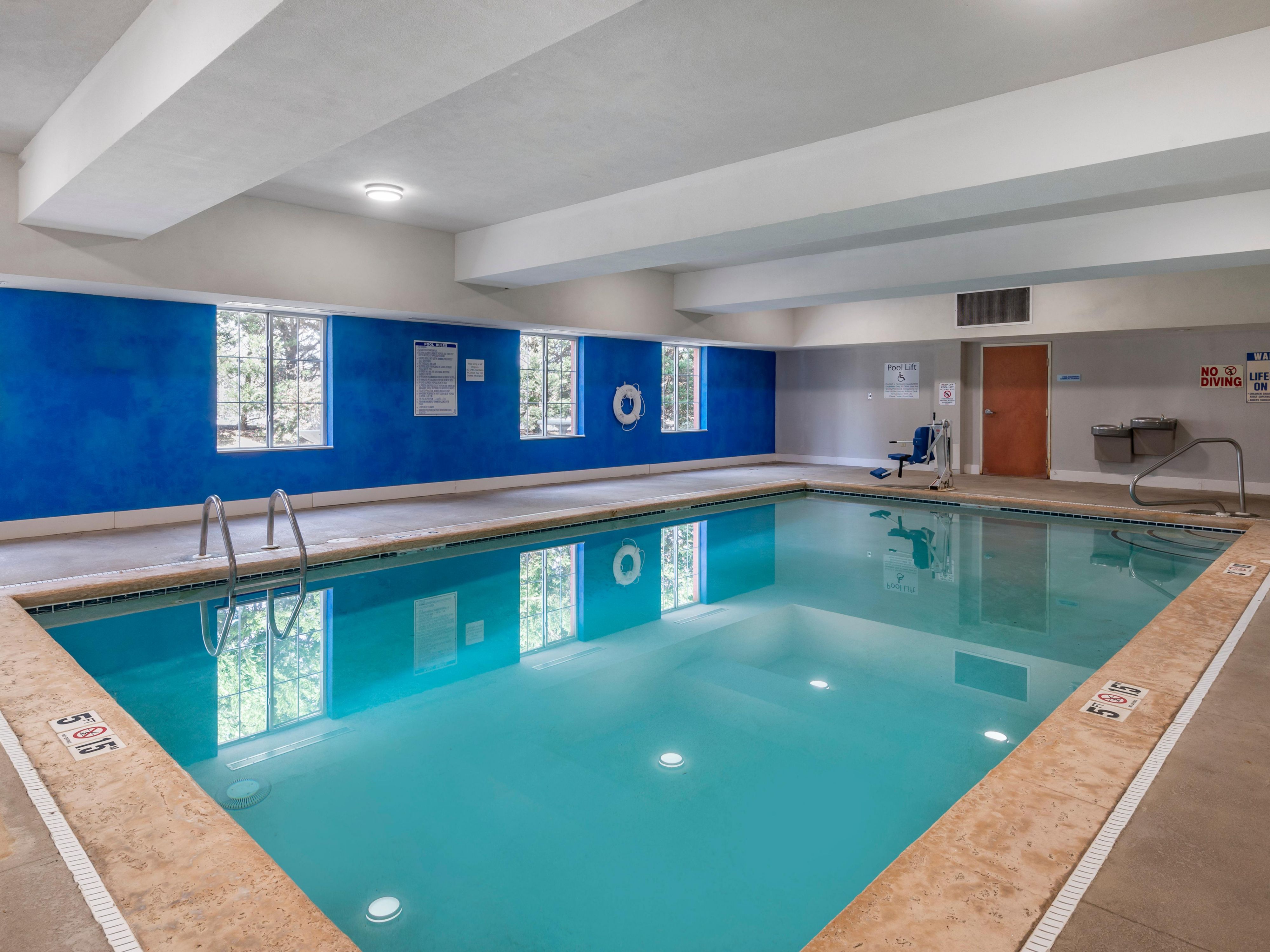 Start your day with invigorating laps in our heated indoor pool, conveniently available year-round. Jump in for a refreshing afternoon swim or take an evening dip to unwind after a long day. Whatever your preference, our pool is the place to relax and play during your stay. Pool hours are 9:00 AM – 9:00 PM daily.