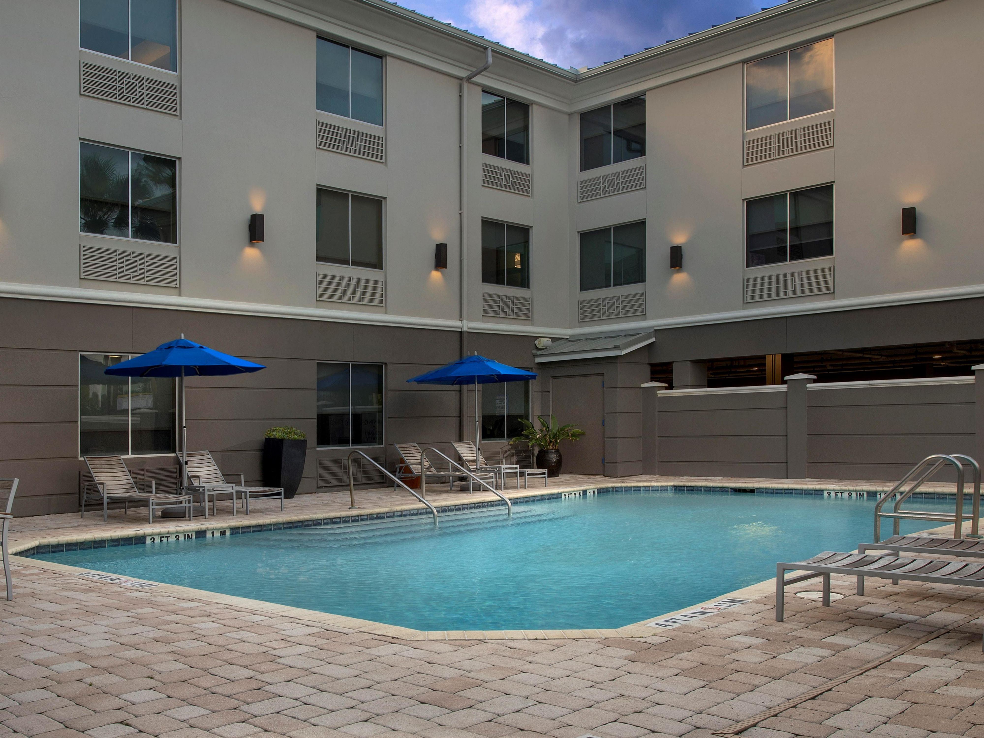 Heat up in our upscale fitness center and cool down in our outdoor pool. With treadmills, elliptical machines, weights, and strengthening equipment, our facility offers everything you need for an energizing workout. Swim laps, splash with your kids, or relax in the pool and unwind at the end of the day. Pool hours are 9:00 AM to 9:00 PM.
