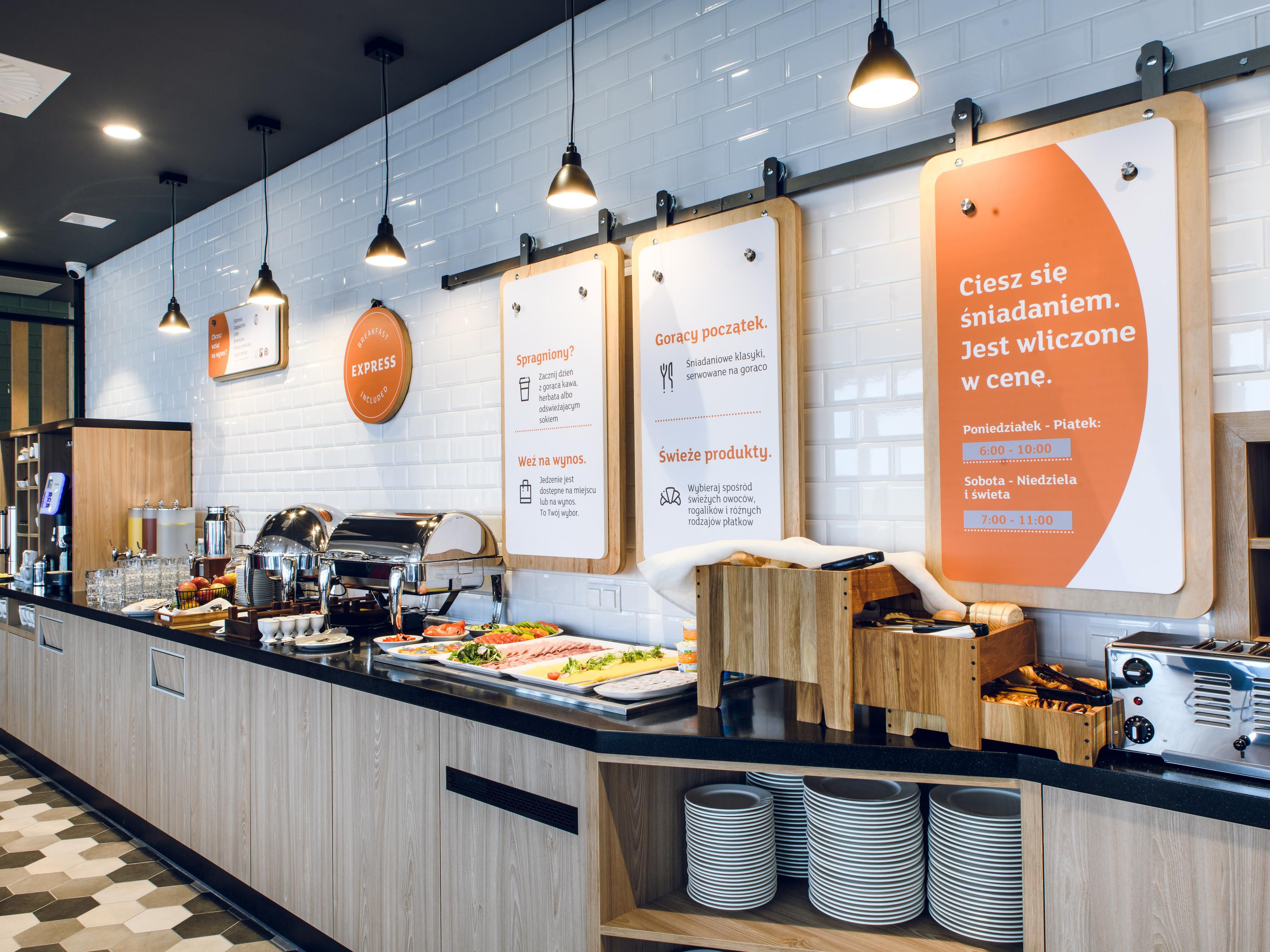 Express Start breakfast buffet is always free in the room rate and is always with option Grab & Go. 
Breakfast Hours:
06.00 - 10.00 Monday - Friday 
07.00 - 11.00 Saturday, Sunday 