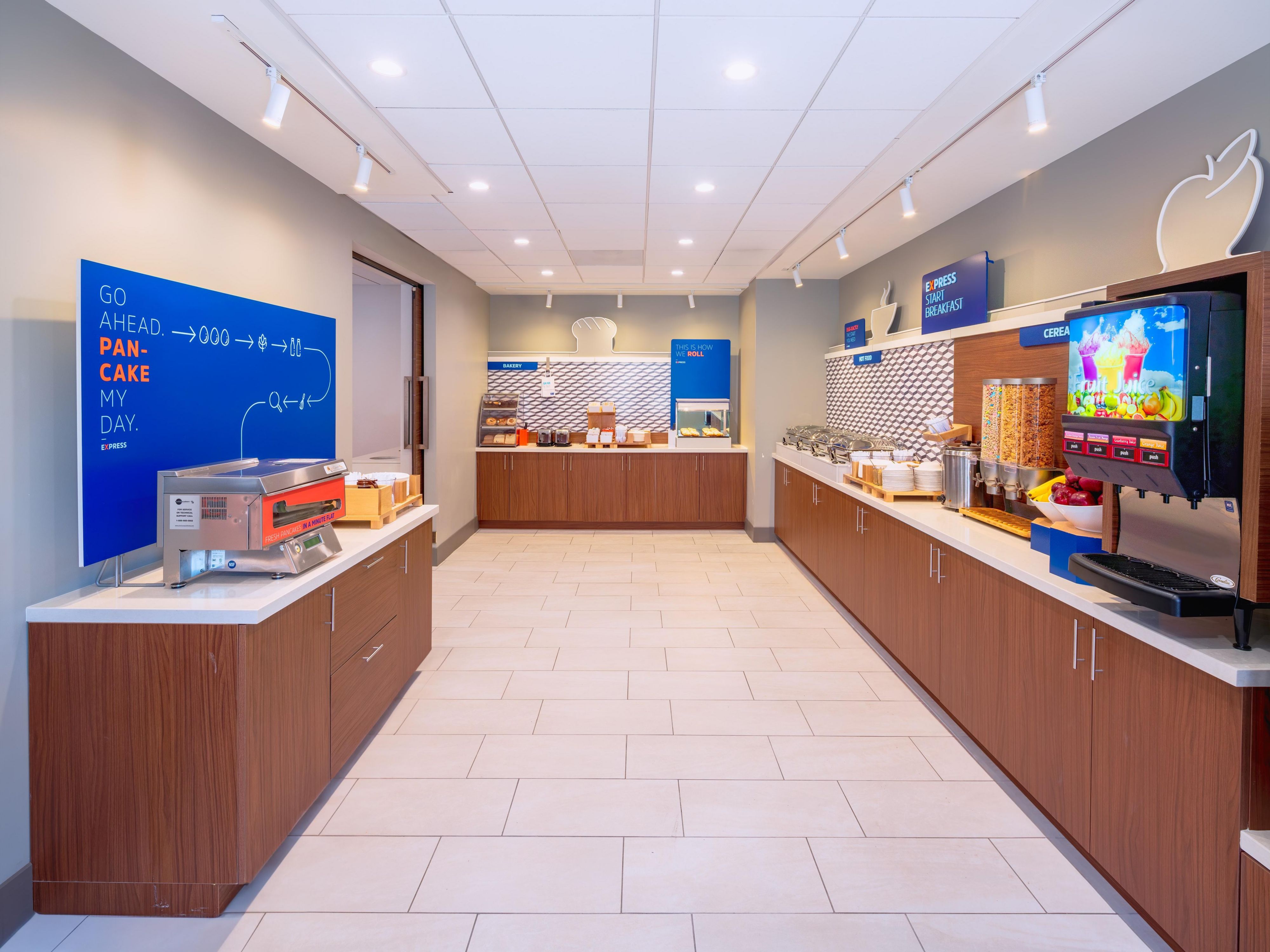 We are delighted to offer our complimentary Express Start Breakfast each morning featuring a selection of individually wrapped, pre-packaged breakfast items including hot breakfast sandwiches, pancakes, muffins, cereals, oatmeal, milk, juice and coffee.