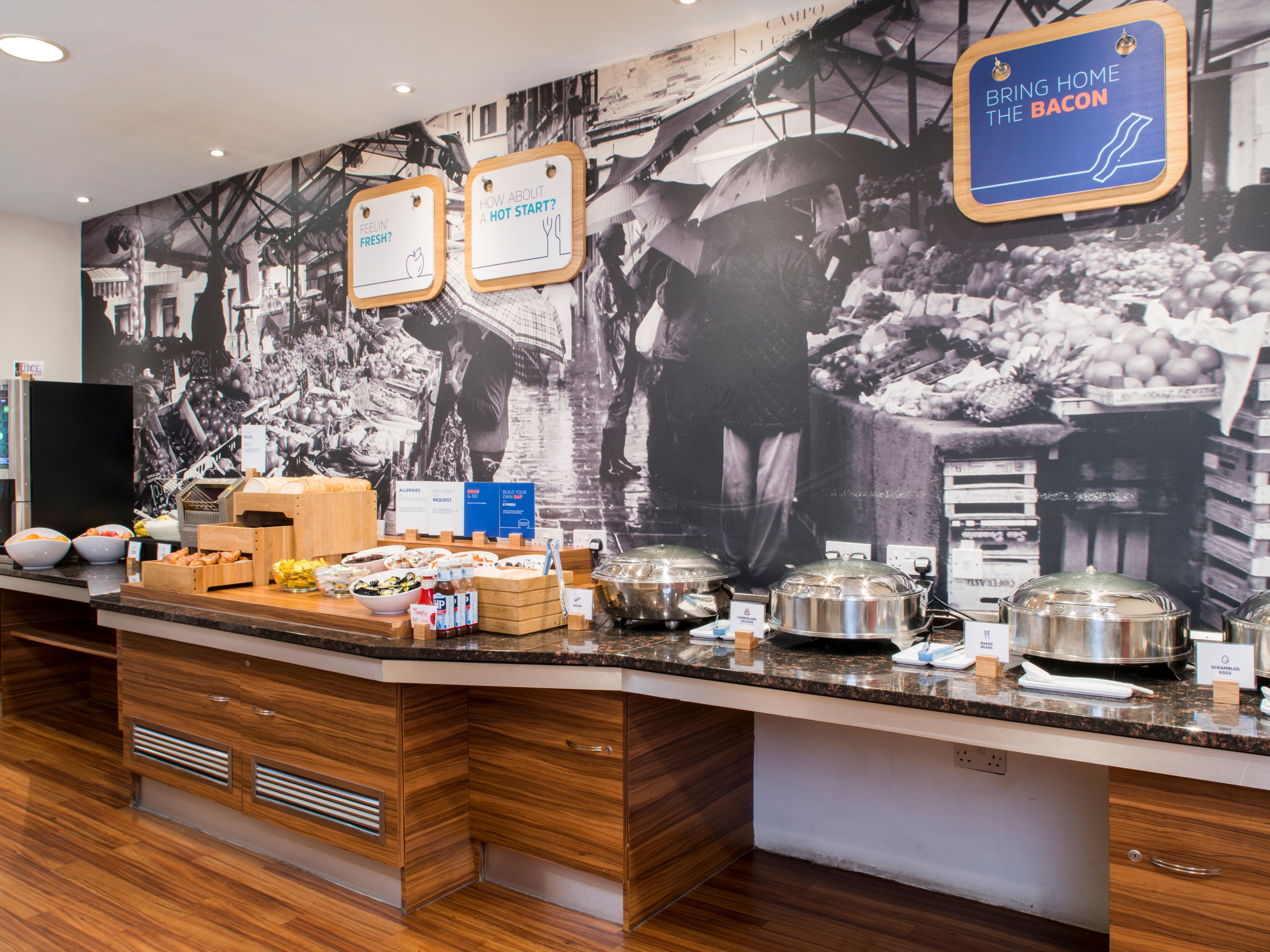 Enjoy an express breakfast of bacon, sausages, scrambled eggs, bread/toast, beans, cereals, fruit, pastries, juices and hot drinks.