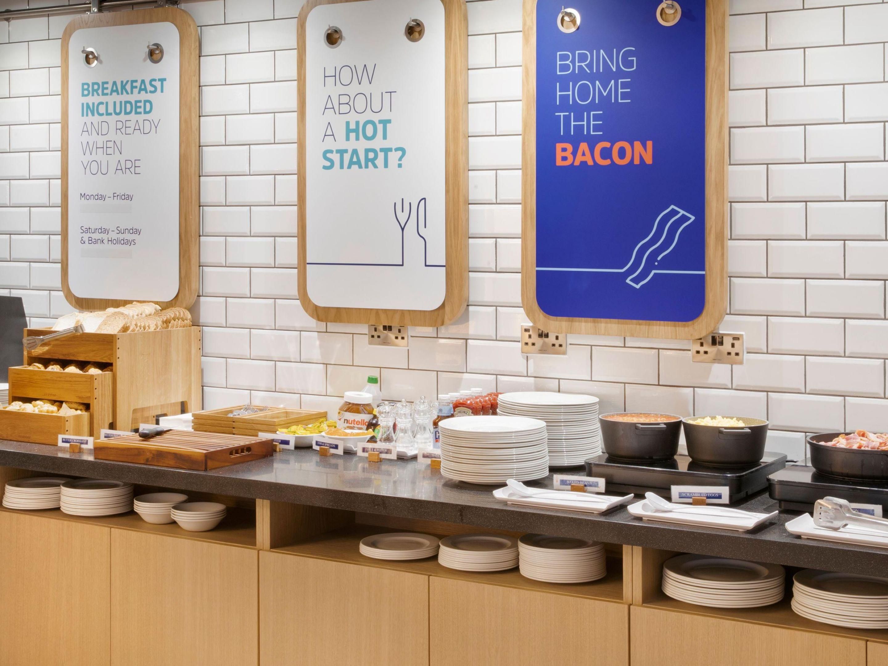 Our complimentary Express Start Breakfast or Grab & Go option. The complimentary breakfast includes cereals, fresh fruit, pastries and a number of hot items.