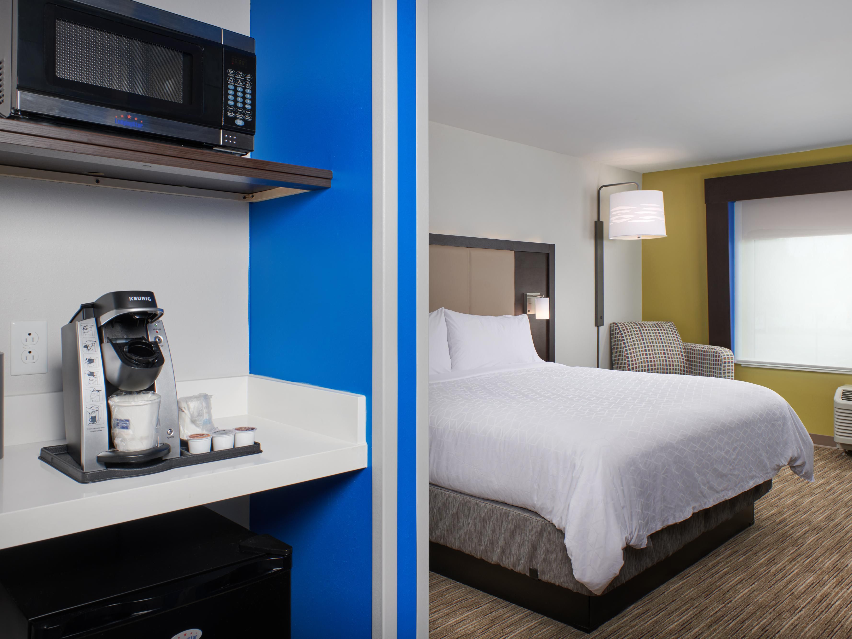 King Bed Guest Room with Microwave, Refrigerator & Coffee Maker