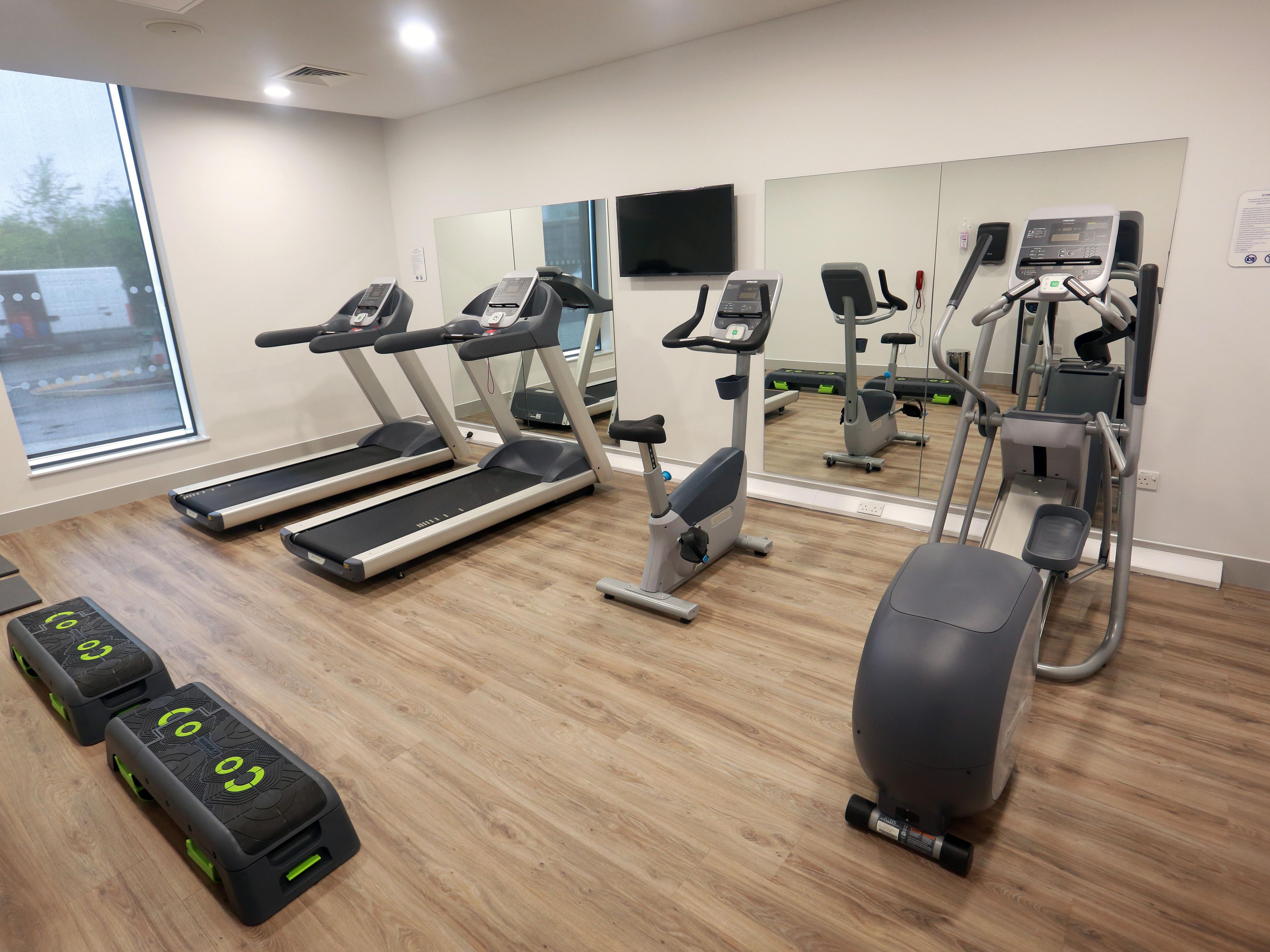 Our on-site fitness center features treadmills and cycle machines for guest use.
The fitness center is located on the ground floor and is open 24 hours. Guests just need their room keys to access the facility.