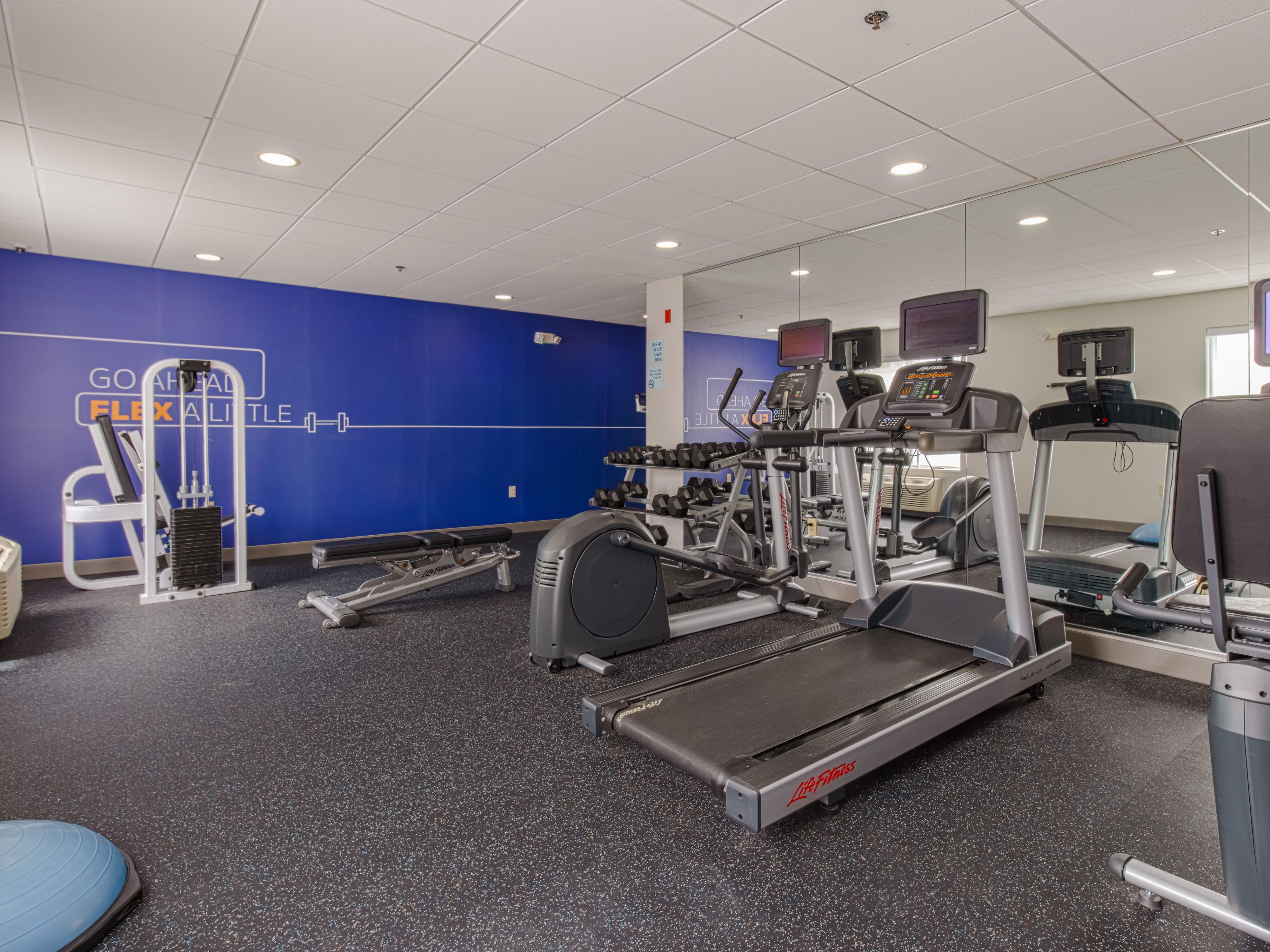 Enjoy our updated gym with everything you need to get your workout in while away from home. Our gym offers 2 treadmills, an elliptical machine, free weights, balance balls, and mats to keep up your exercise routine away from home. 