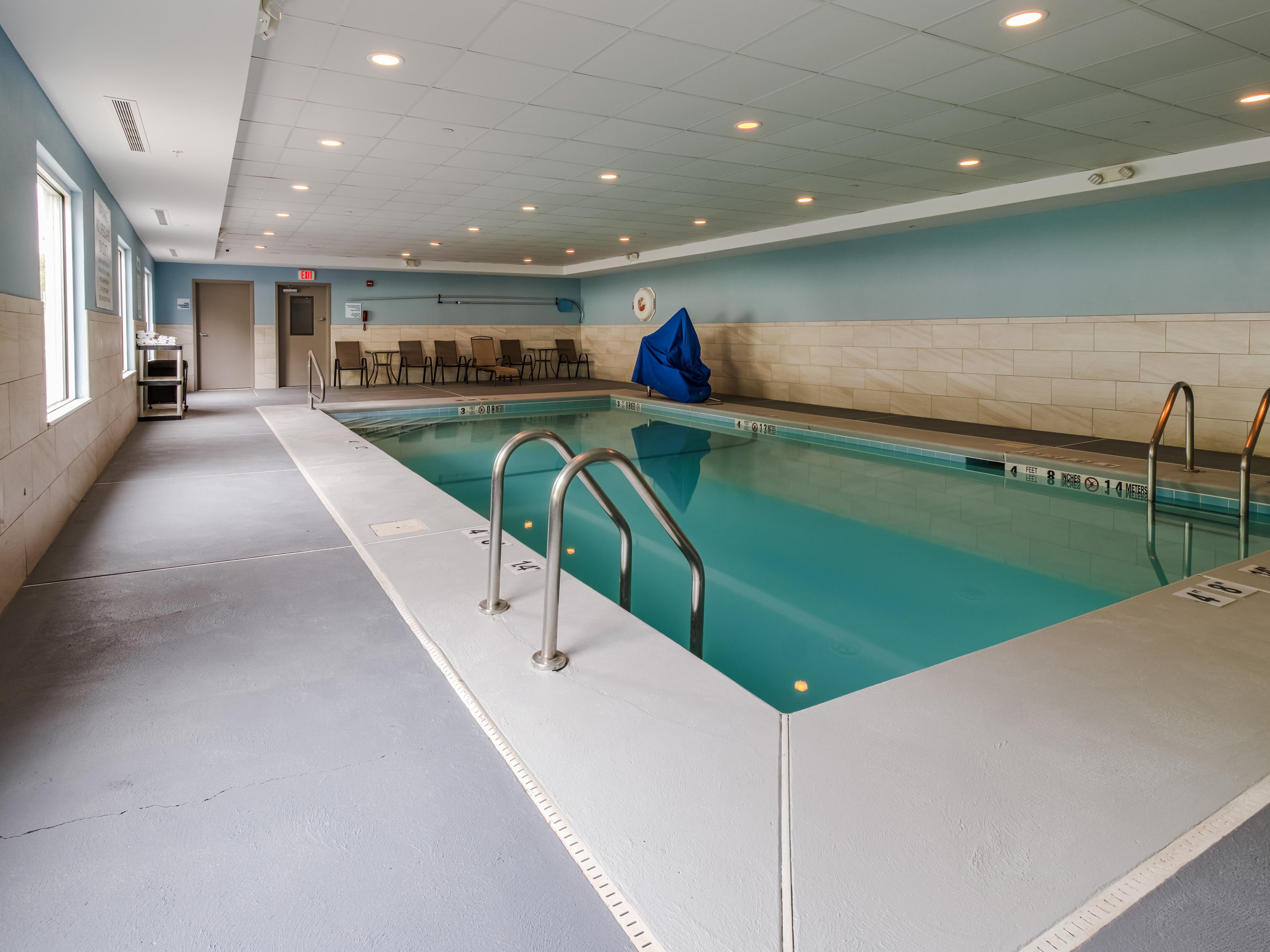 Enjoy our heated indoor pool all year long. If you want to get your exercise in of just relax and splash in the pool, we welcome you to enjoy it. 