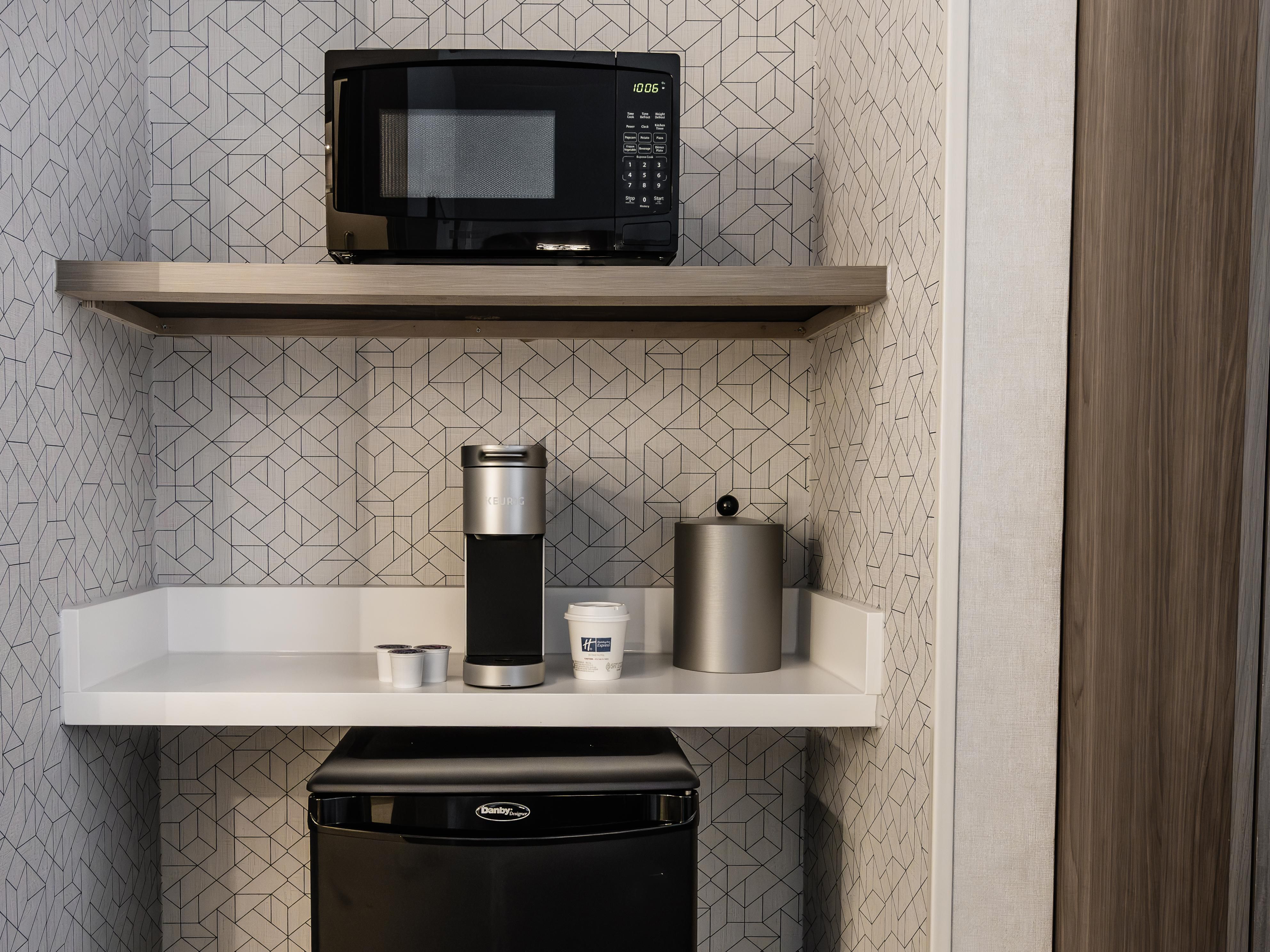 Whether you're warming up a late-night snack, storing your favorite beverages, or enjoying a fresh cup of coffee at your leisure, our amenities are designed to make you feel right at home. Experience the perfect blend of comfort and practicality during your stay with us!