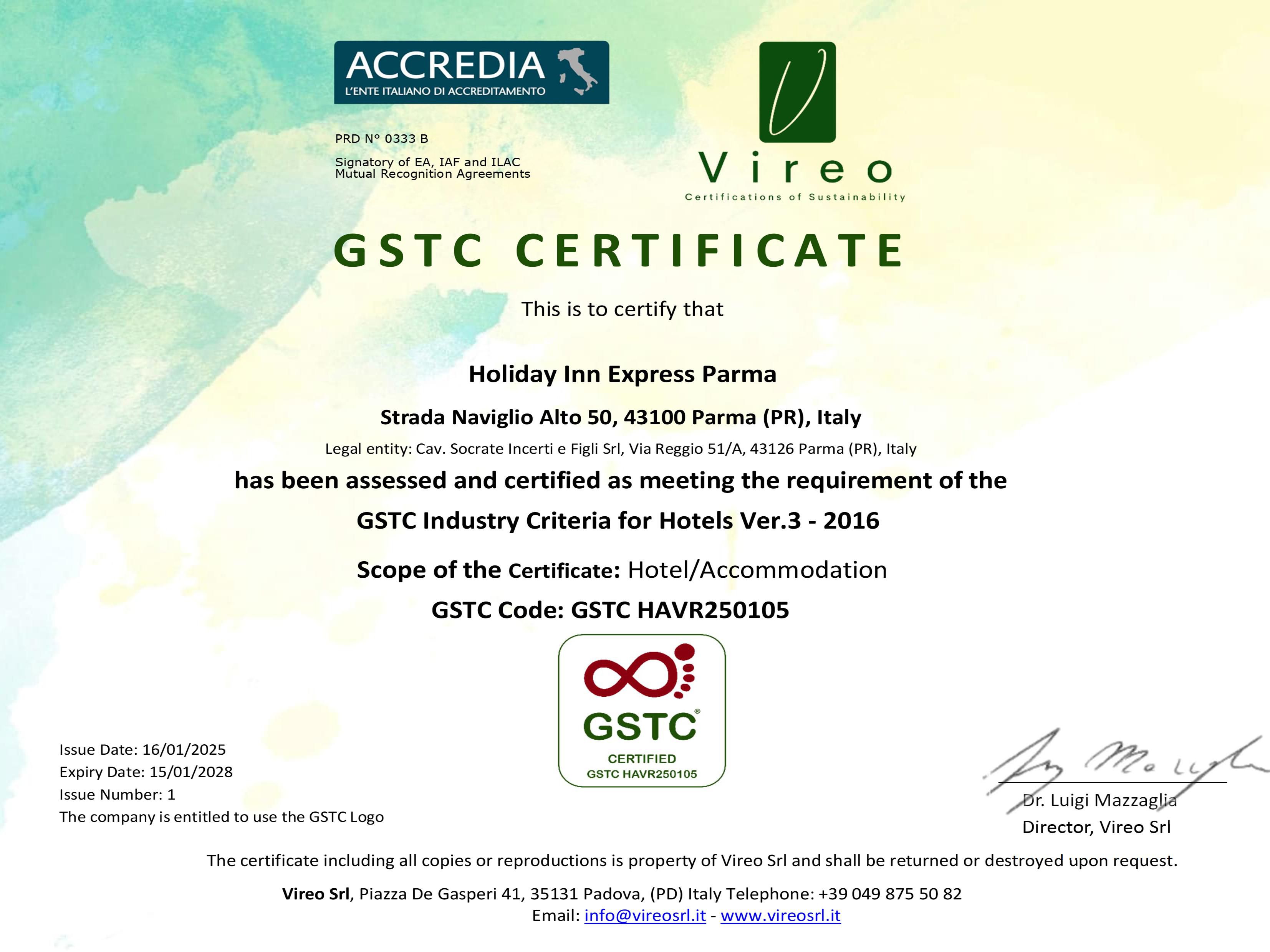 Holiday Inn Express Parma is GSTC Sustaianbility Certified
Today, the hotel industry must consider sustainability as a key priority to respond to growing environmental and social needs. Travellers' awareness of environmental issue has prompted us to embark on a journey of change. The alm reduces environment impact and improve energy efficiency.