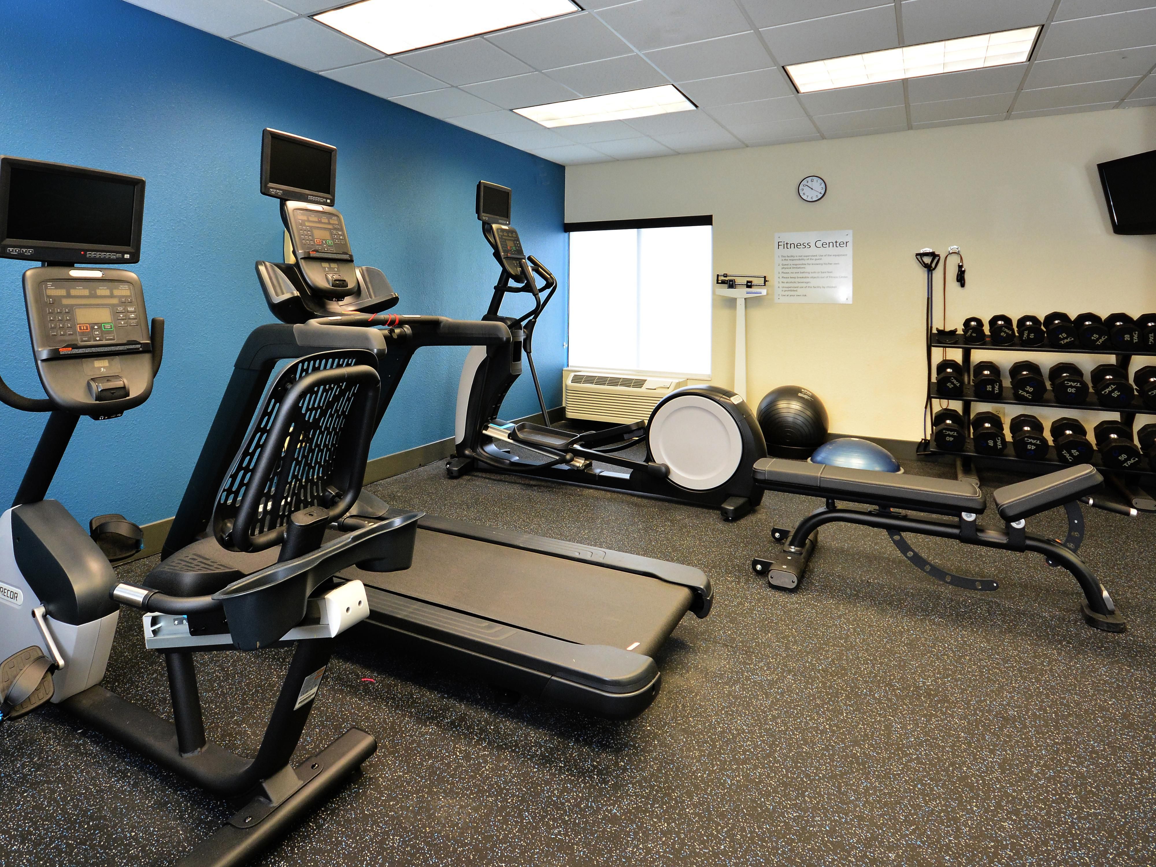 Stay road-ready with a workout in our 24/7 fitness center!