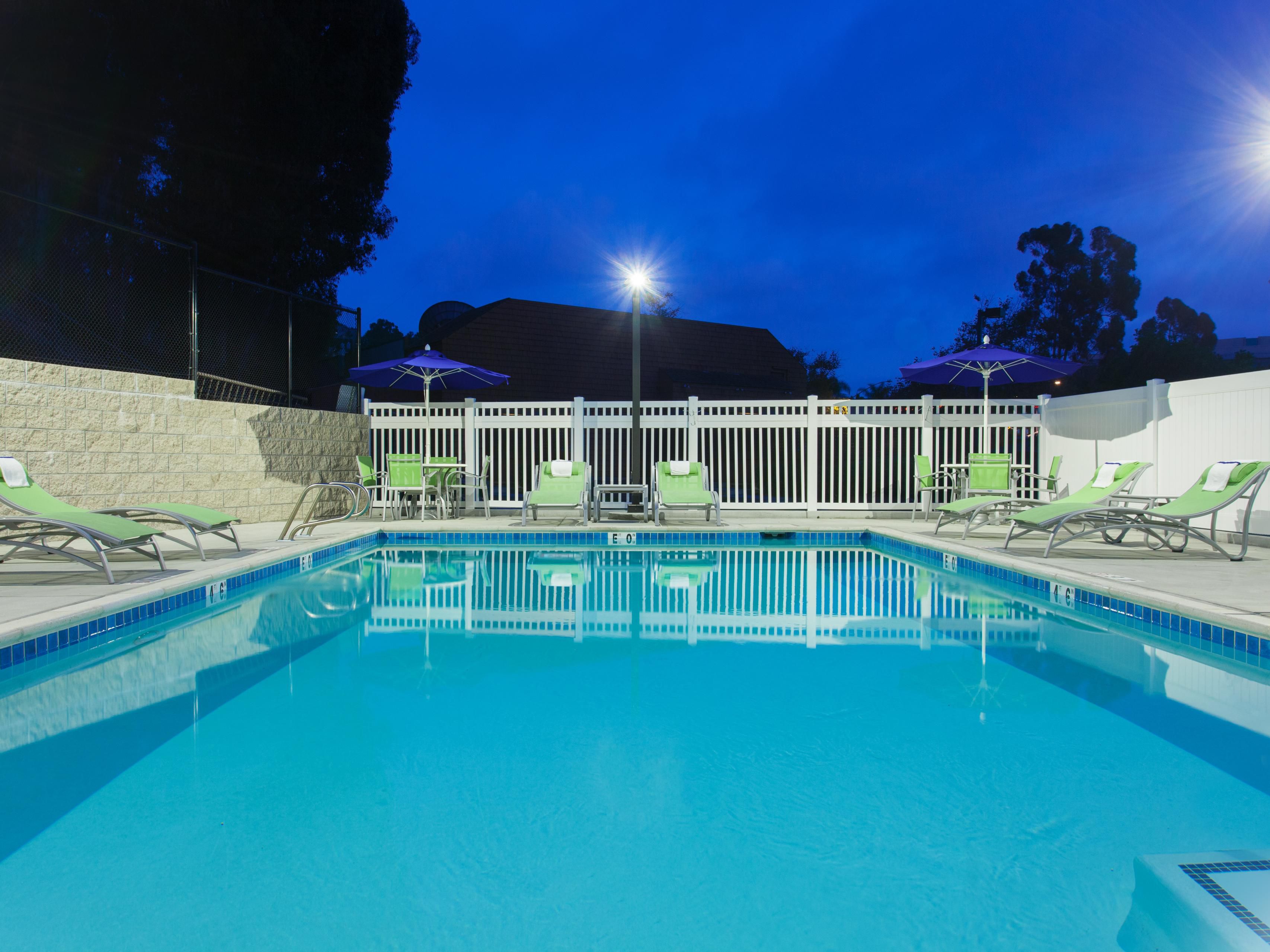 Take a night dip in our outdoor swimming pool!