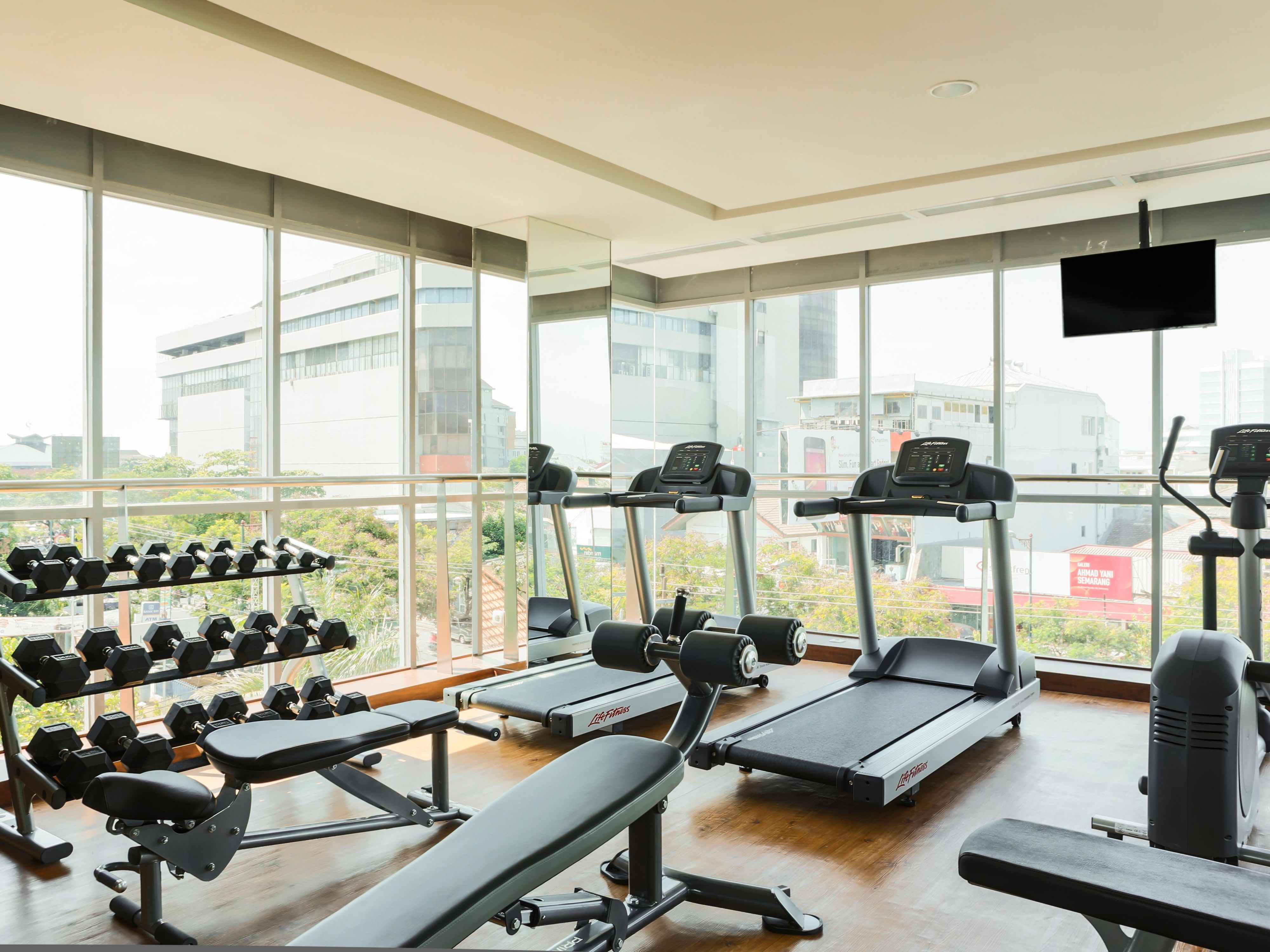 Our Fitness Room, equipped with treadmills, free weights and stationary bicycle, is located on the 3rd floor where you can enjoy the city view during your workout. It is open 24 hours for all guests, accessible with your room key card.