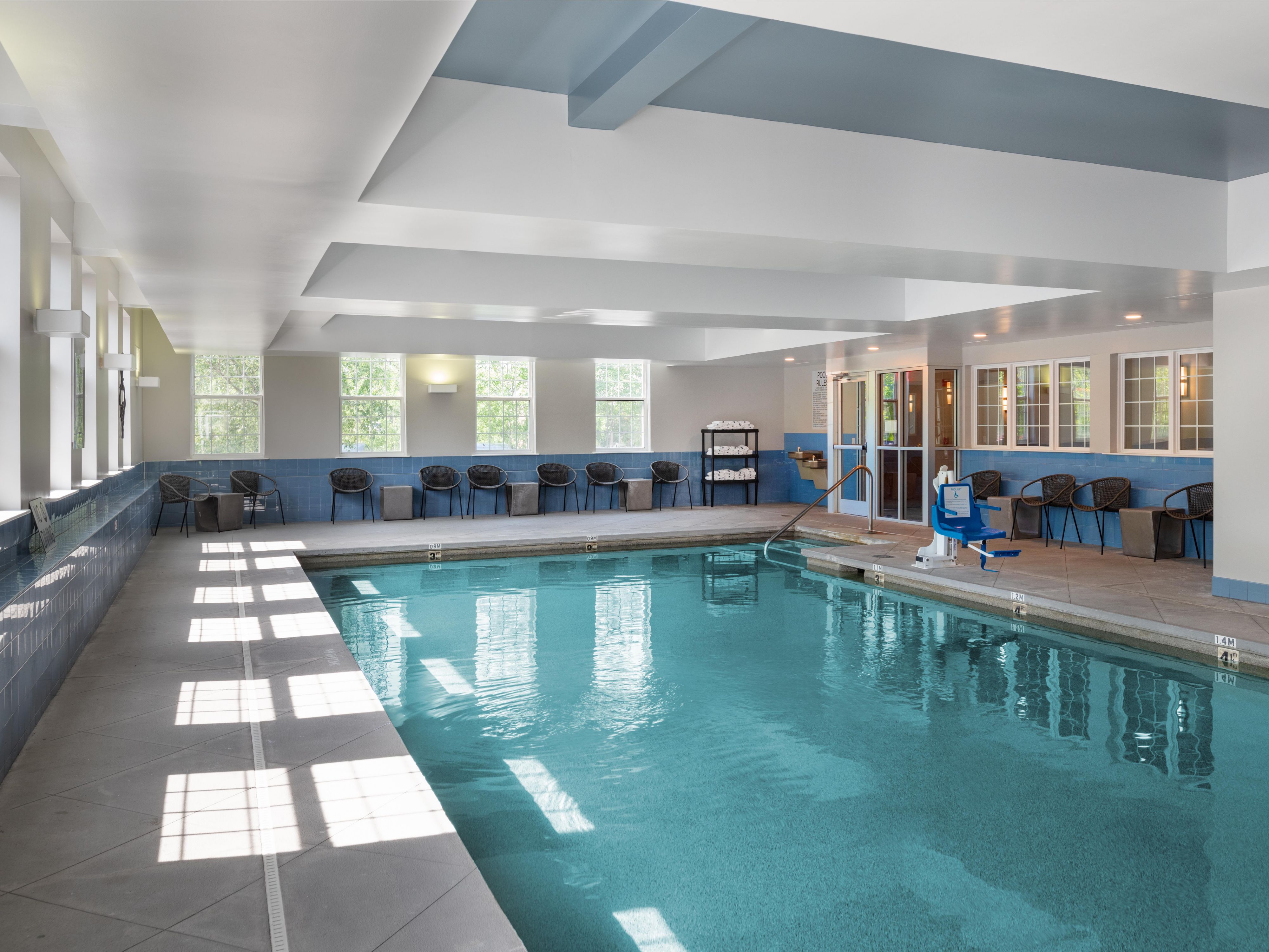 Enjoy a swim in our indoor heated pool, perfect for year-round enjoyment whether you're unwinding after a long day or starting your morning with a refreshing dip.
