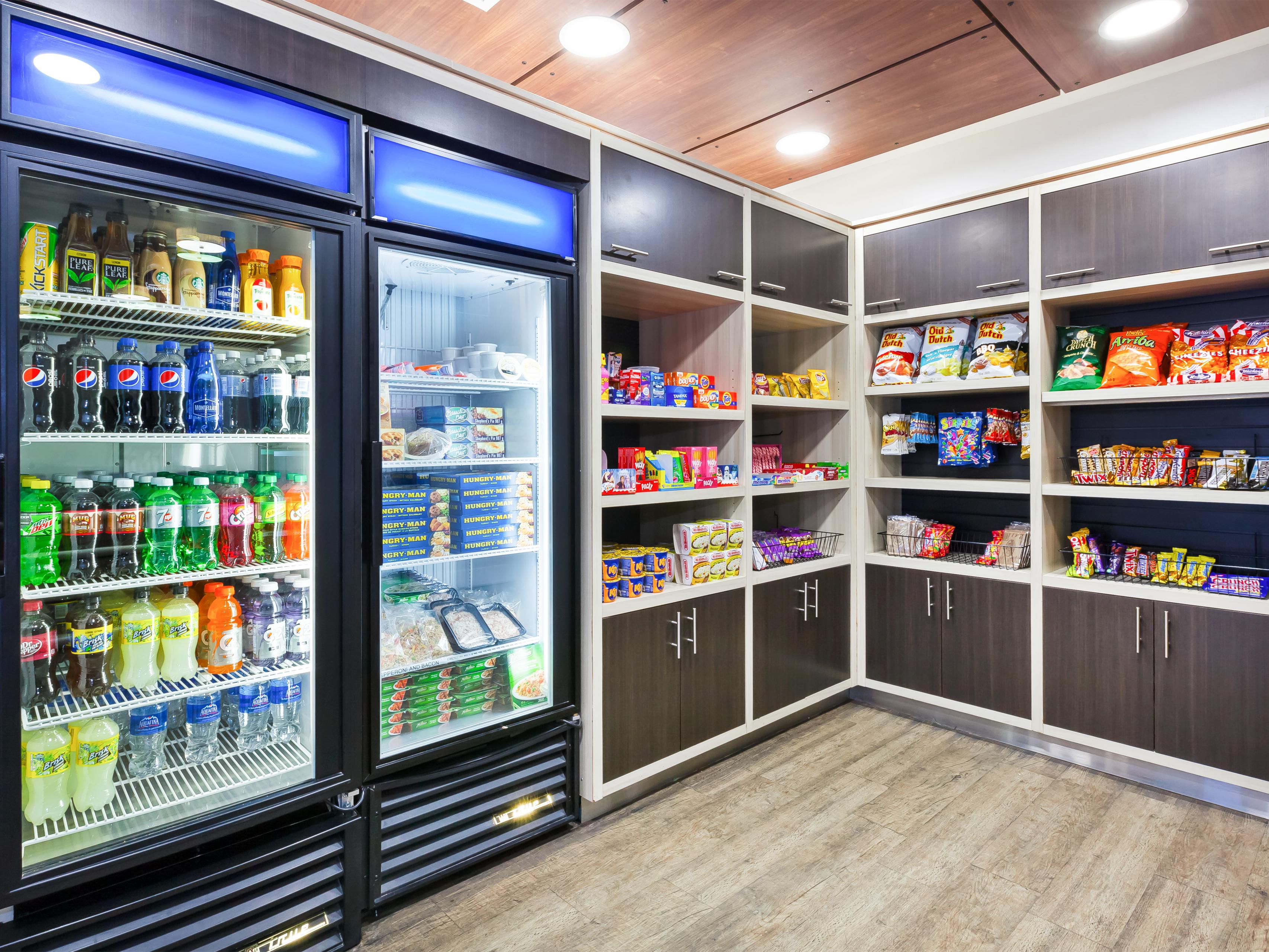 Our hotel market offers a variety of  beer beverages along with snacks, non alcoholic beverages and a variety of frozen meal options. 