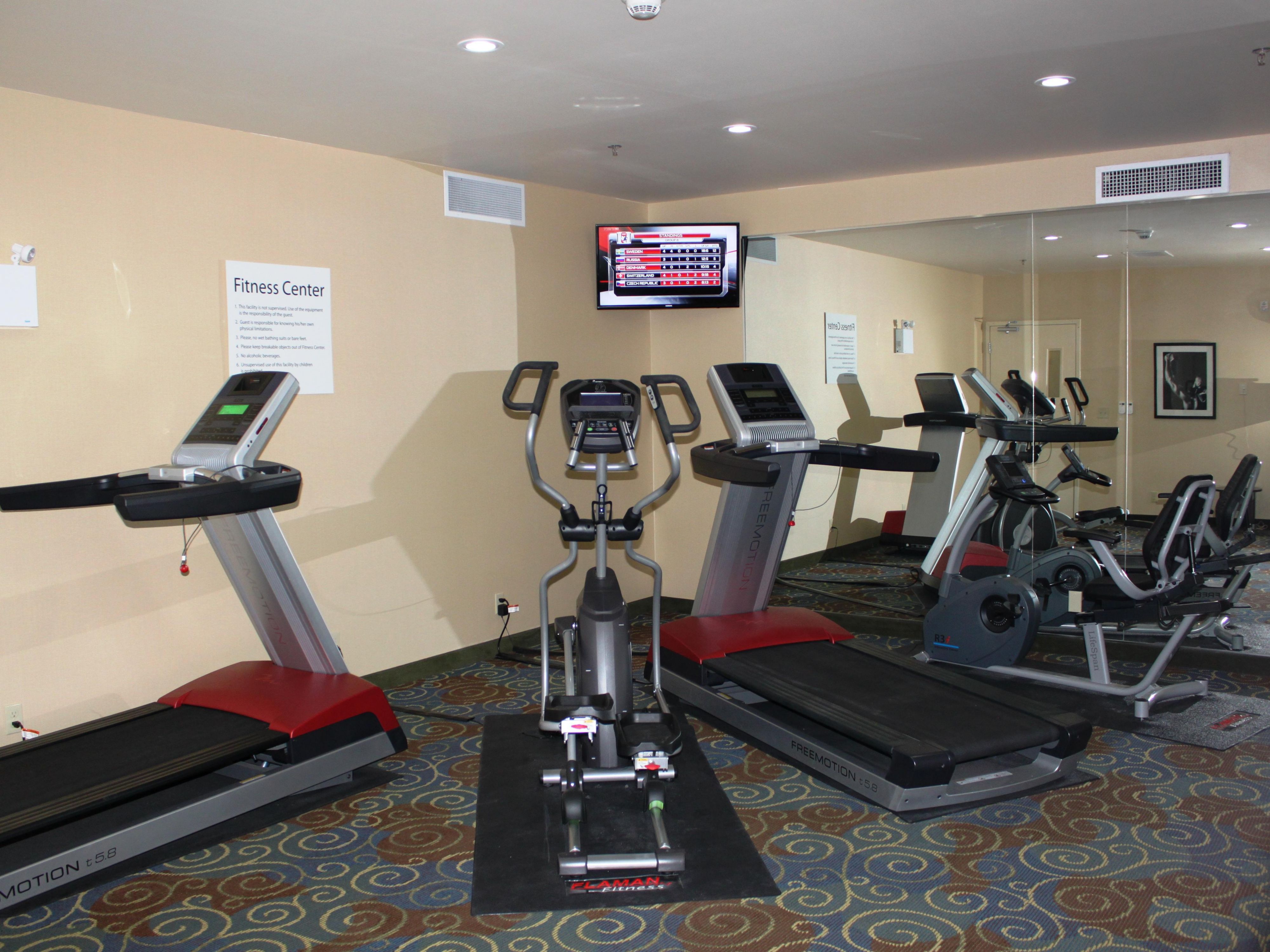 The fitness centre is open 24 hours a day. 