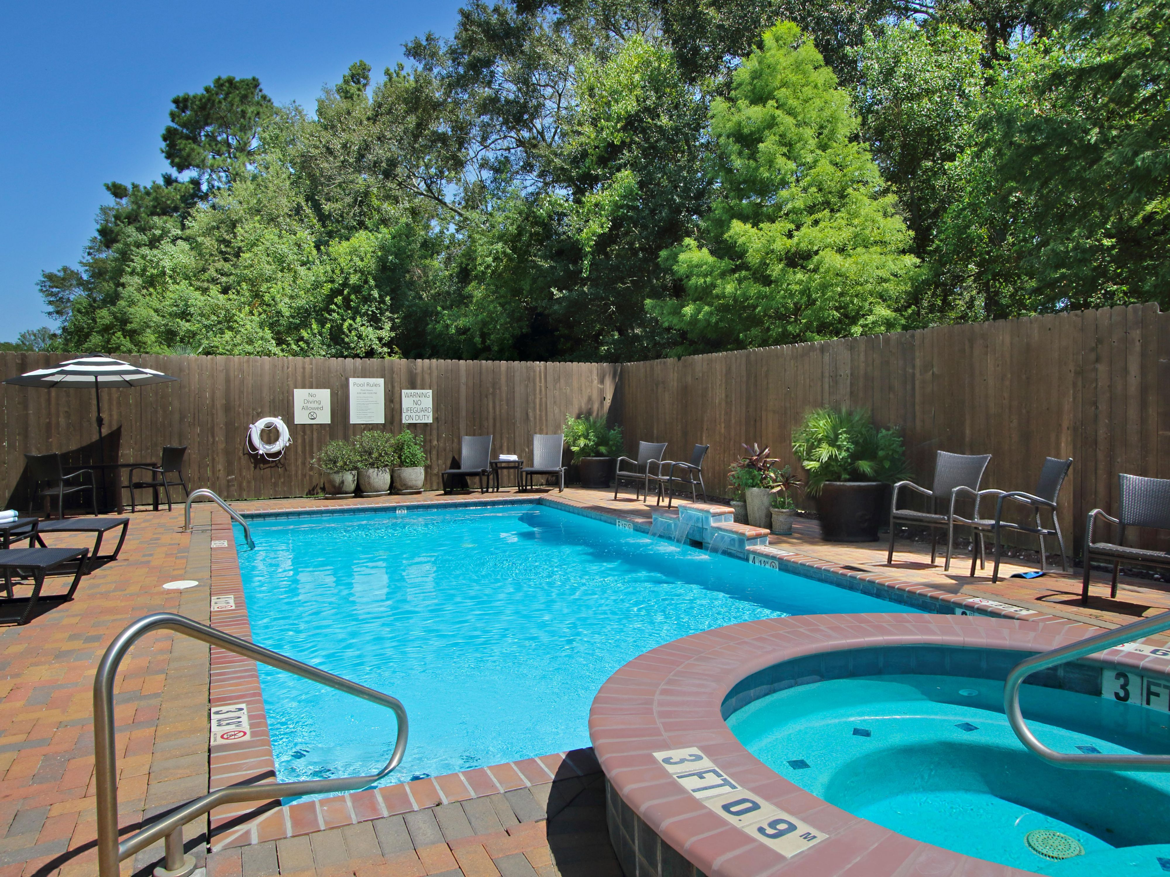 Relax in our outdoor pool and hot tub, or enjoy a cocktail around the fire pit on our outdoor patio.  
