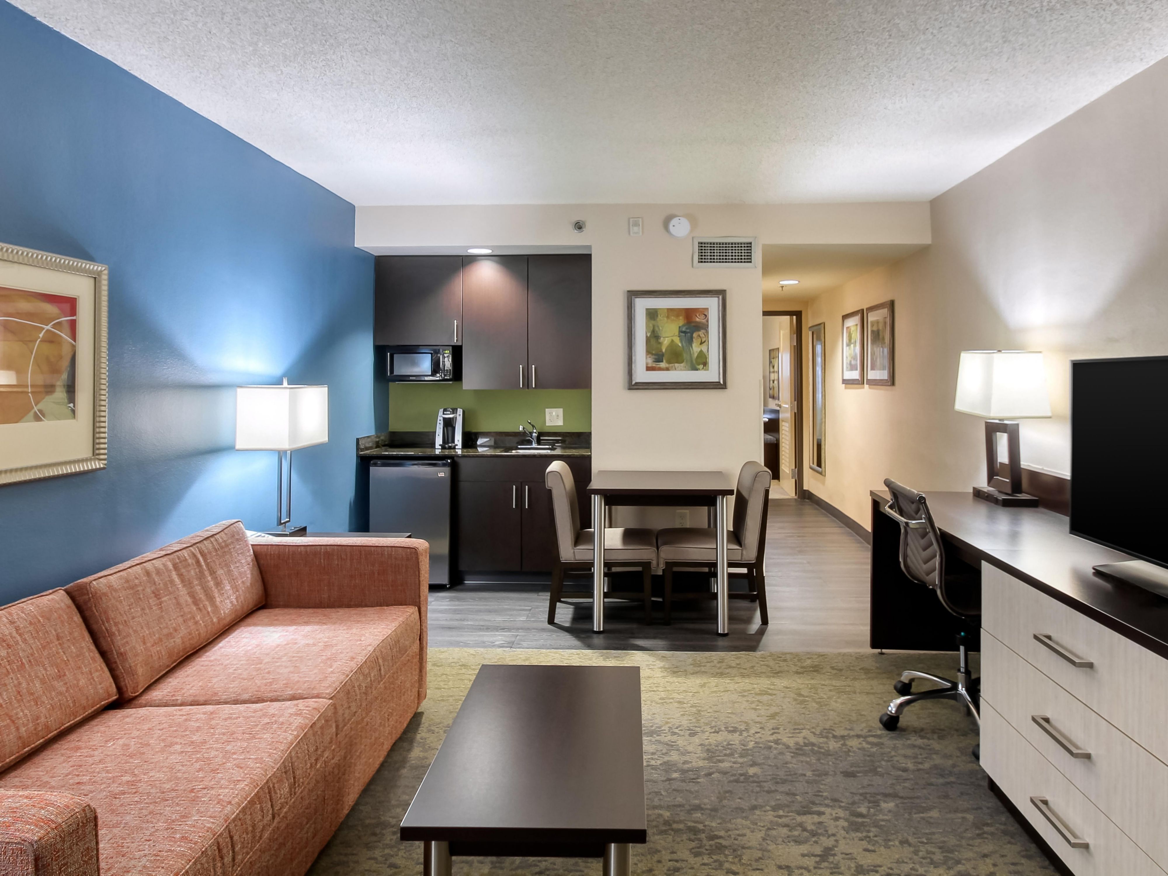 Enjoy a spacious one-bedroom suite with a separate living space during your stay. All guest rooms are equipped with complimentary Wi-Fi and plenty of space to get comfortable.