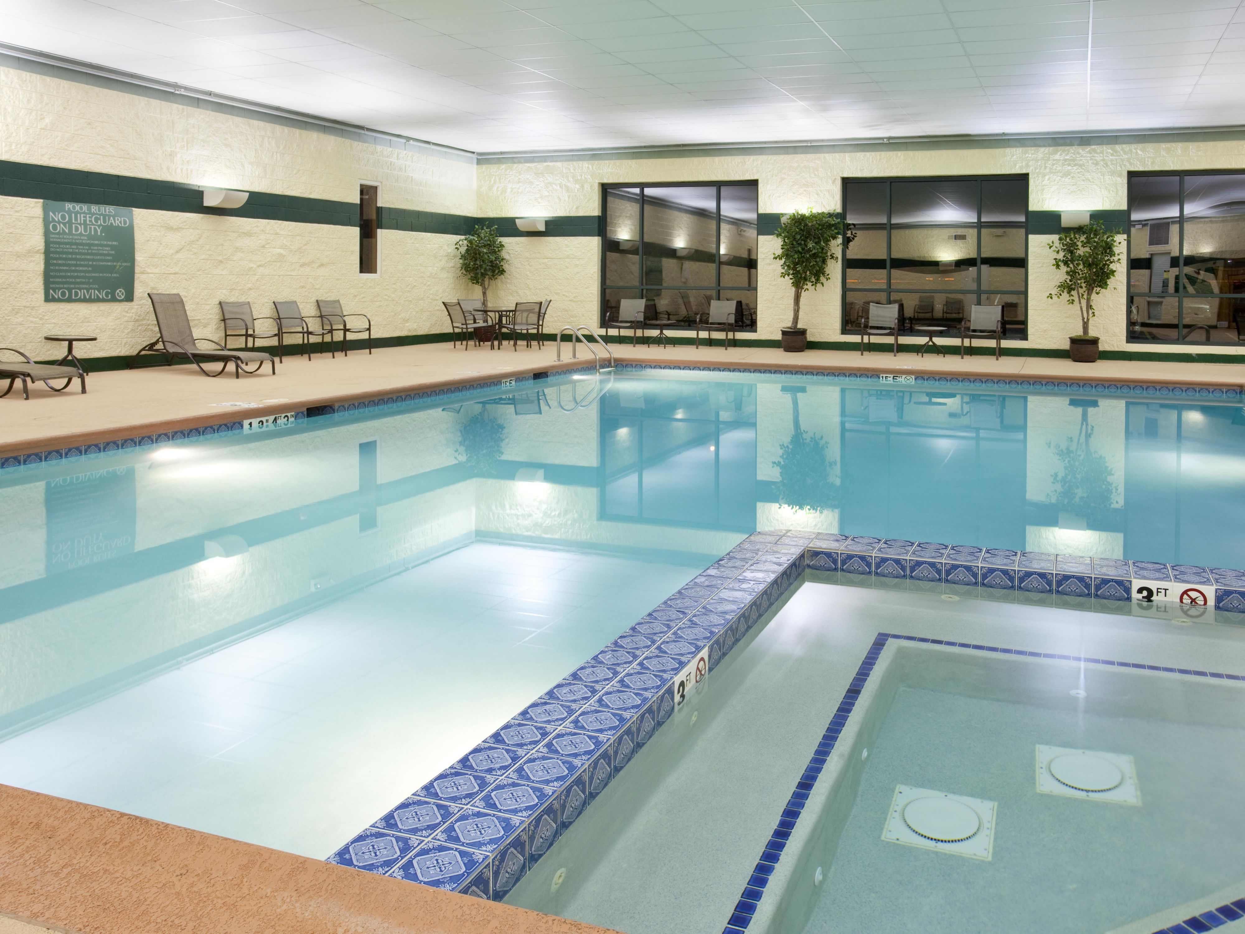 Our indoor pool invites you to take a dip daily from 6:00 AM – 11:00 PM. Start your morning with invigorating laps, make a mid-afternoon splash, and wind down with a leisurely evening swim or a soothing soak in the whirlpool. Whatever you like to do, our pool is the perfect place for recreation and relaxation.