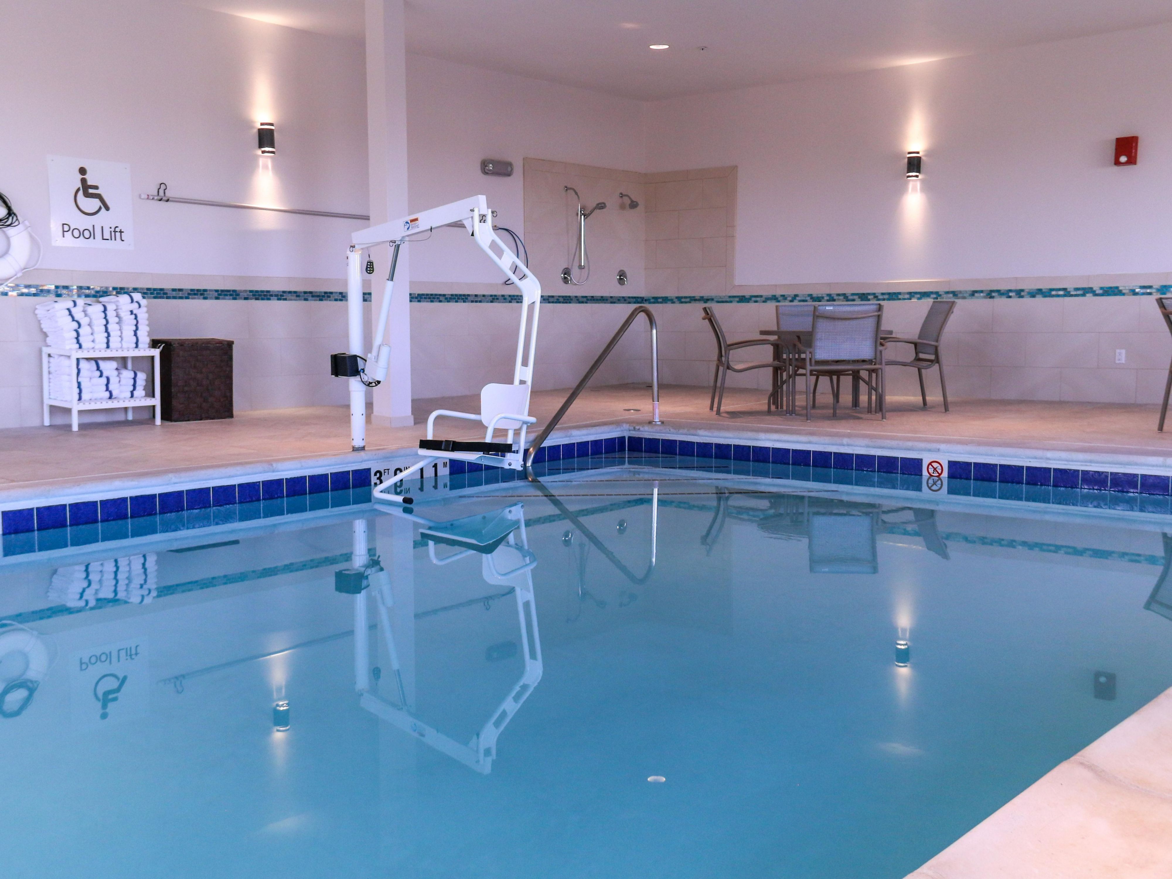 Enjoy a refreshing dip in our indoor pool and hot tub in the morning or as part of your unwinding routine. Both the hot tub and pool feature a pool lift, making access easy for everyone. After one pool session, we bet you'll find yourself stopping by for a soak every day. Maybe even more than once a day. 
