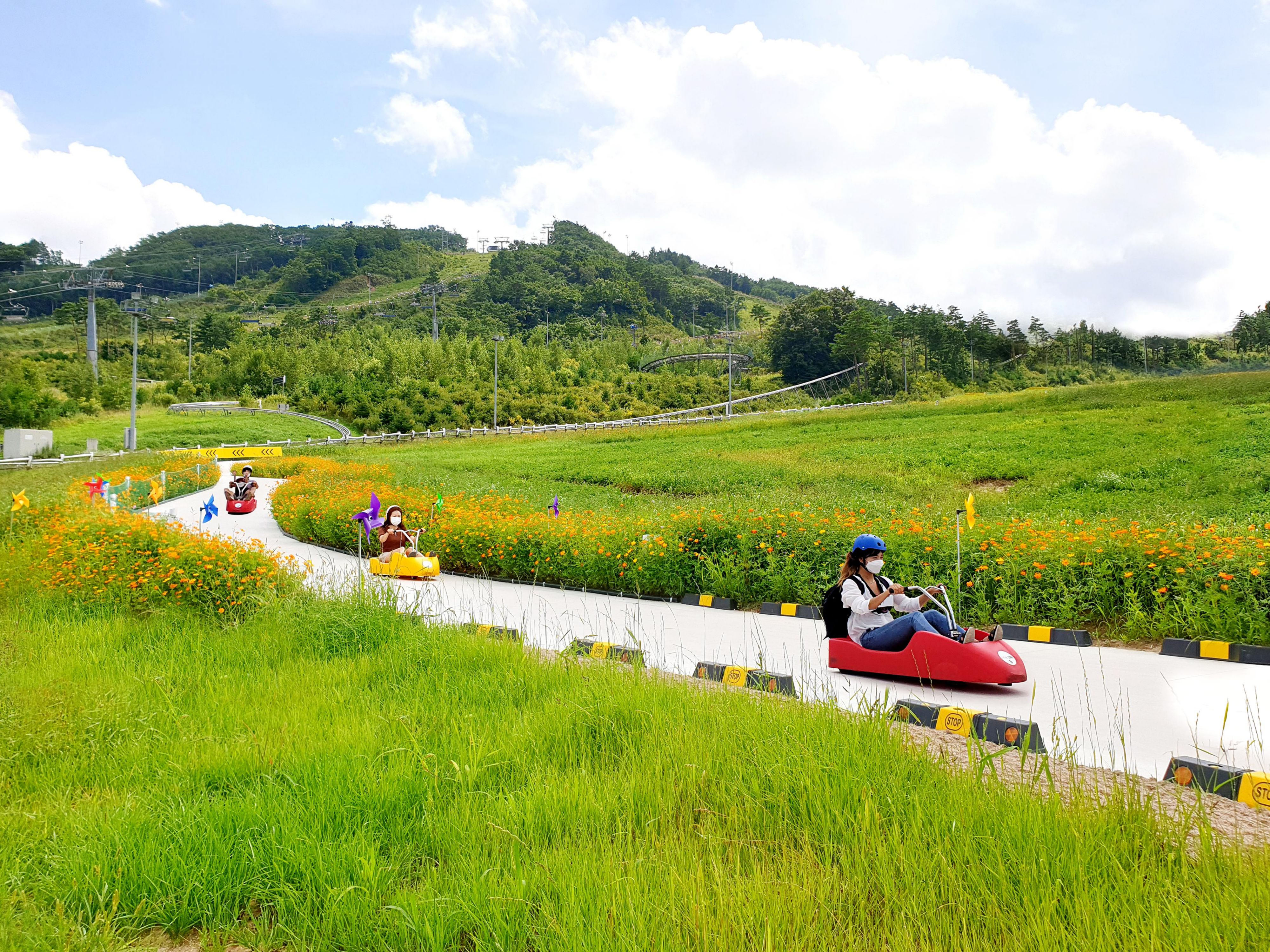 Perfect speed and thrill! Exciting Luge!
Luge, one of the sledding events at the Winter Olympics, is a non-motorized leisure sport modified for use in all seasons by attaching wheels to a sled.
Although the slope of the track using the alpha slope is relatively gentle, you can feel a sense of speed and thrill due to the track's repeated curves.