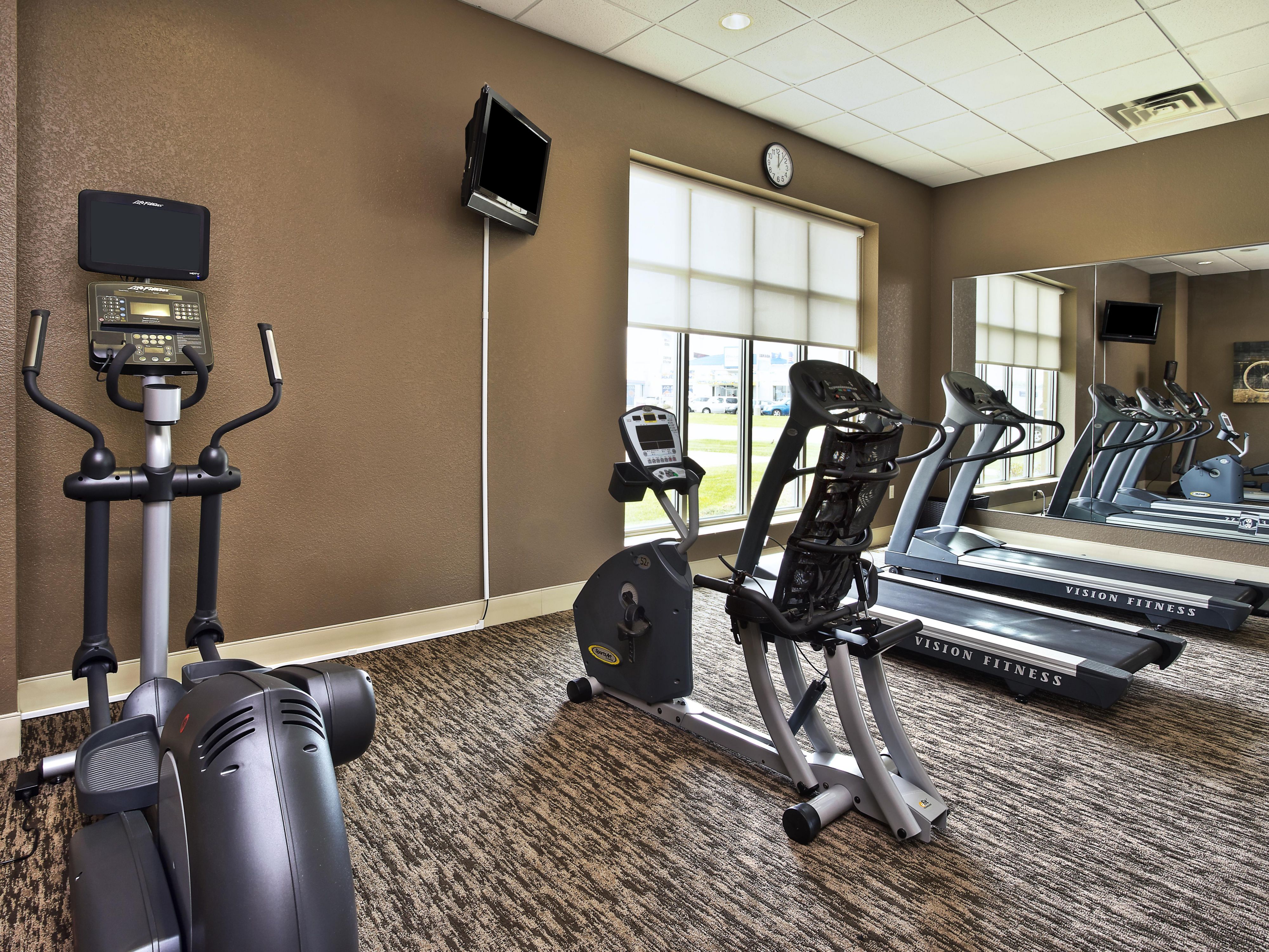 Open 24/7 and stocked with a treadmill, elliptical and recumbent bike with personal media in addition to free weights, resistance bands, kettlebells, Bosu ball, yoga mat, and more!