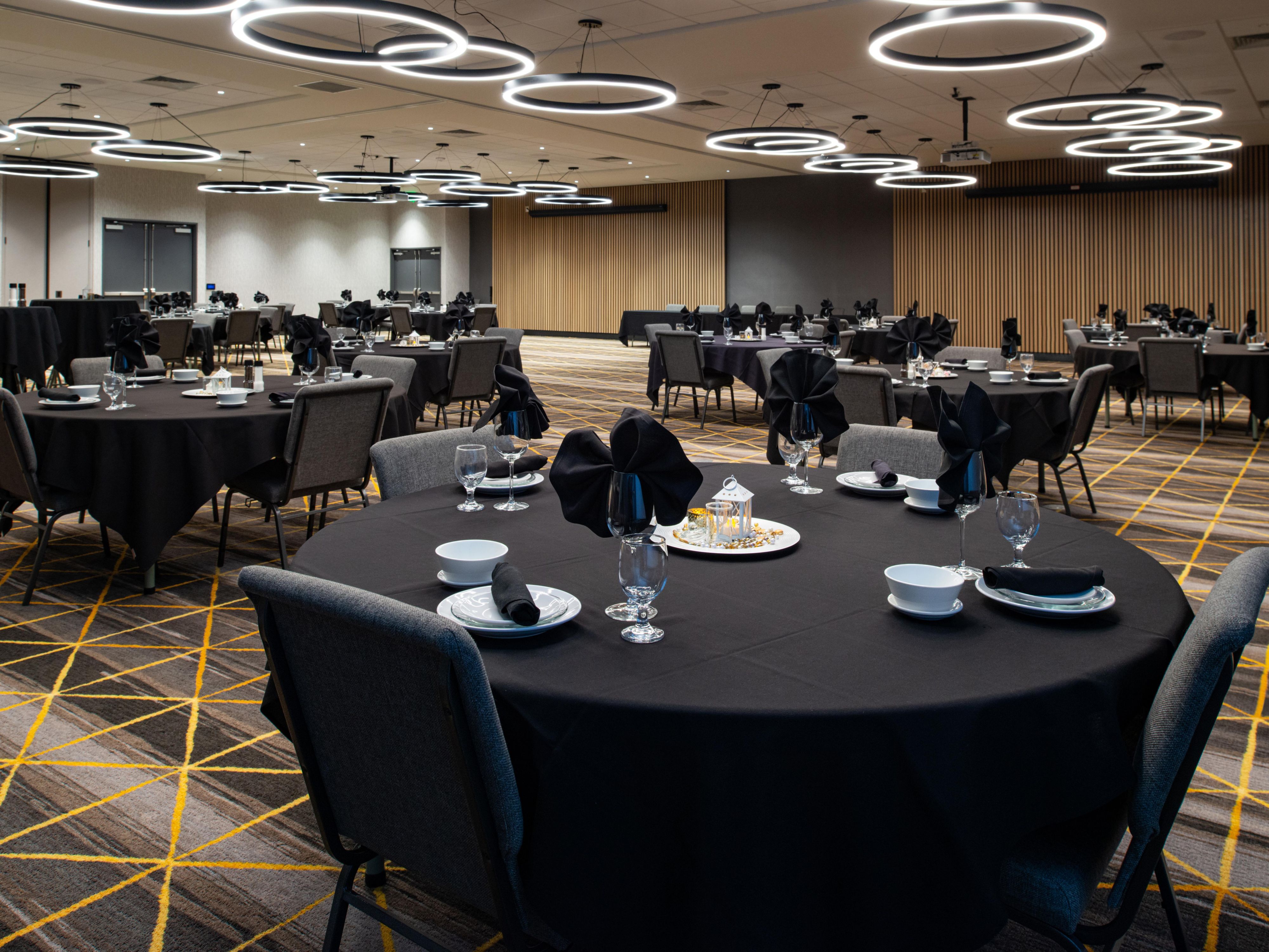 With just shy of 4600 sq ft we can host up to a 325-person plated dinner, 500-person seminar, or break the room up into 3 separate areas for your multipurpose meetings and conventions. We offer full on-site catering to fit all needs and budgets.