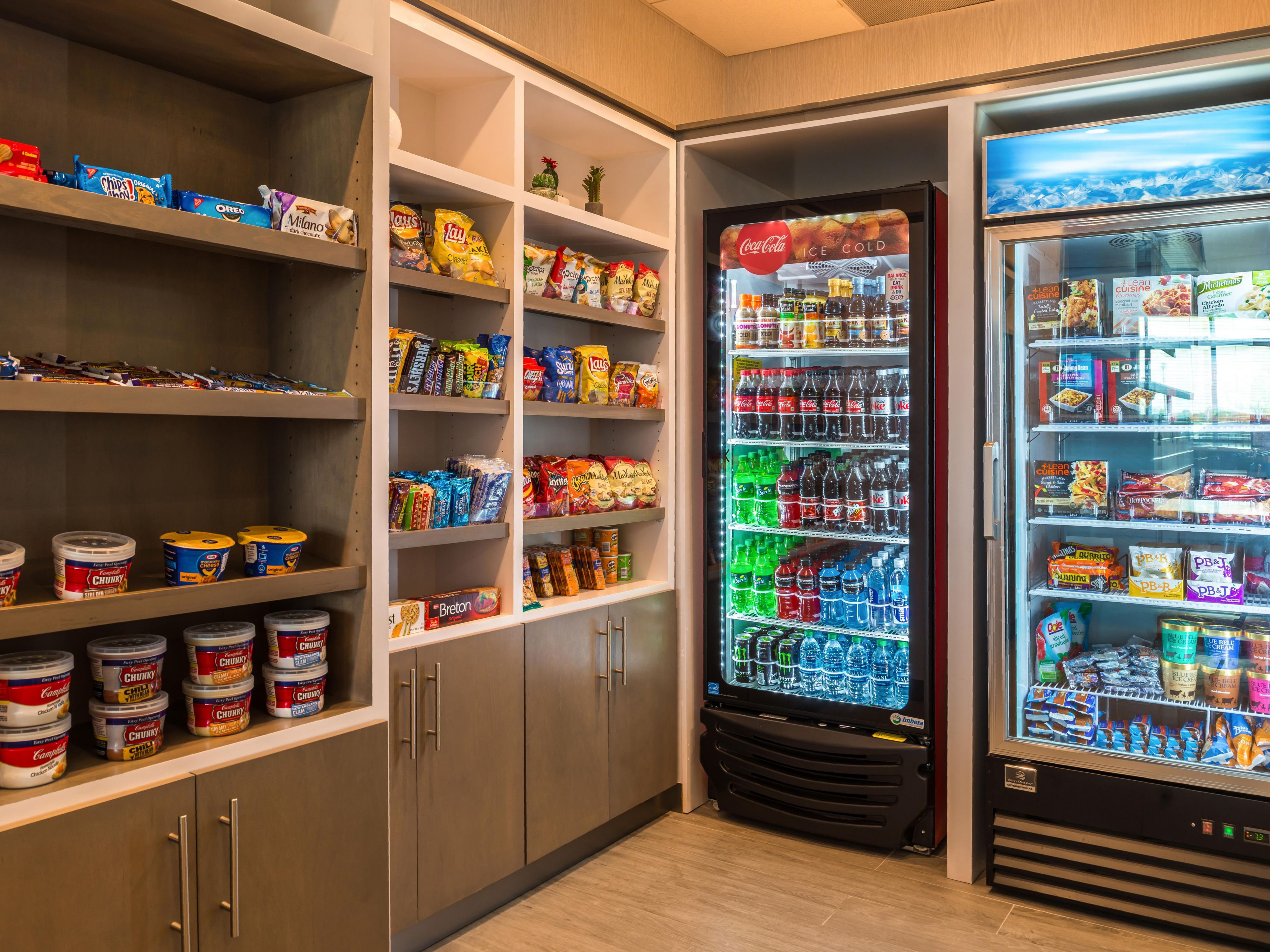 Visit our Marketplace in the lobby for sundries like ice cream, candy bars, salty snacks, chips, frozen grab and go food like breakfast items, pizza, Hot Pockets, microwavable food and more! We also have a supply of toiletries you may need during your stay plus laundry detergent, beer and wine.  