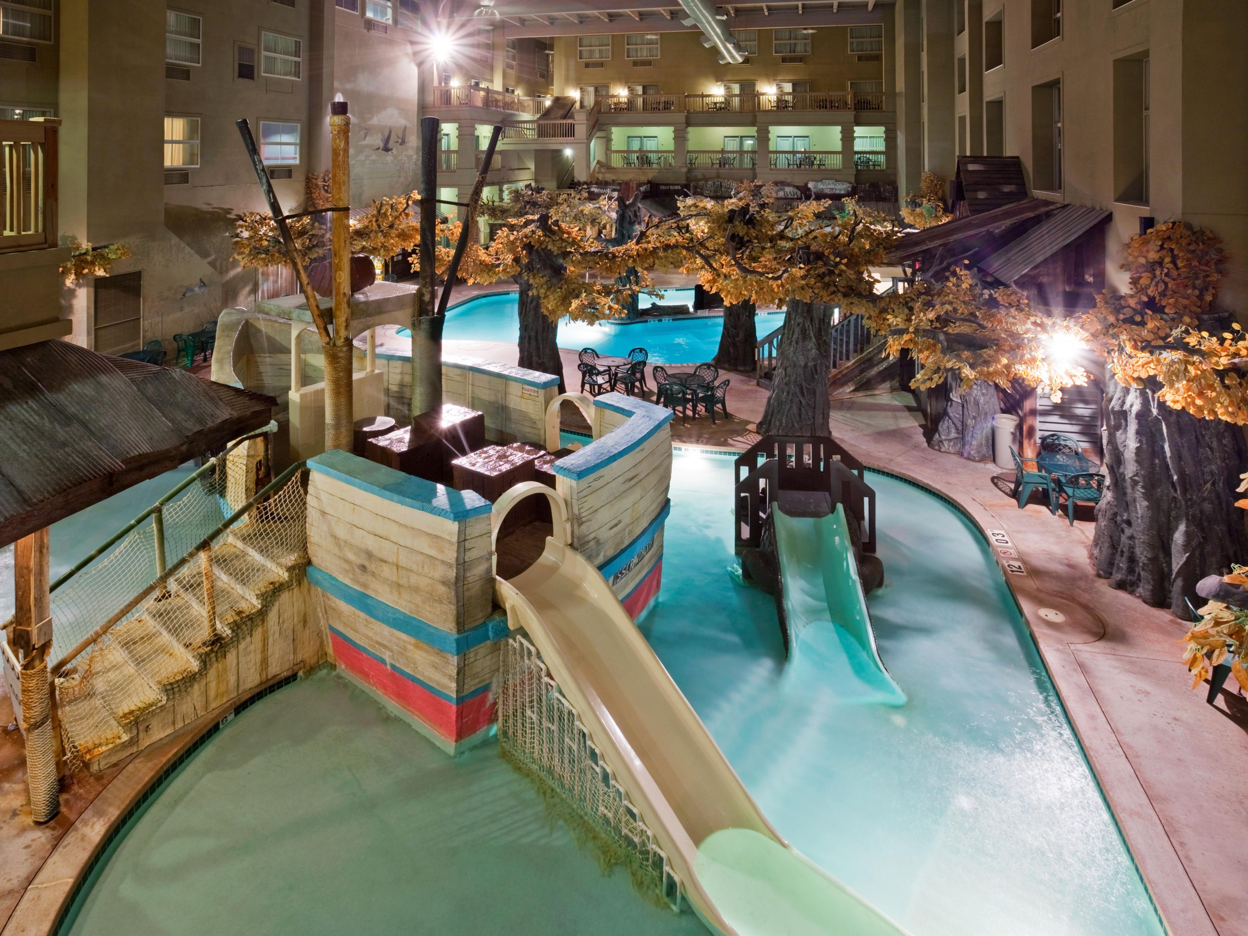 Kids can play in the shrimp boat, while you enjoy the over-sized whirlpool and the Wharf Raw pool bar.

The waterpark is open daily from 9AM to 9PM. Wristbands are required for entry. Entry is limited to registered guests only Friday after 3PM, all day Saturday, 9AM-12PM Sunday and during spring break.

Please inquire for wristband sales Mon-Thurs!