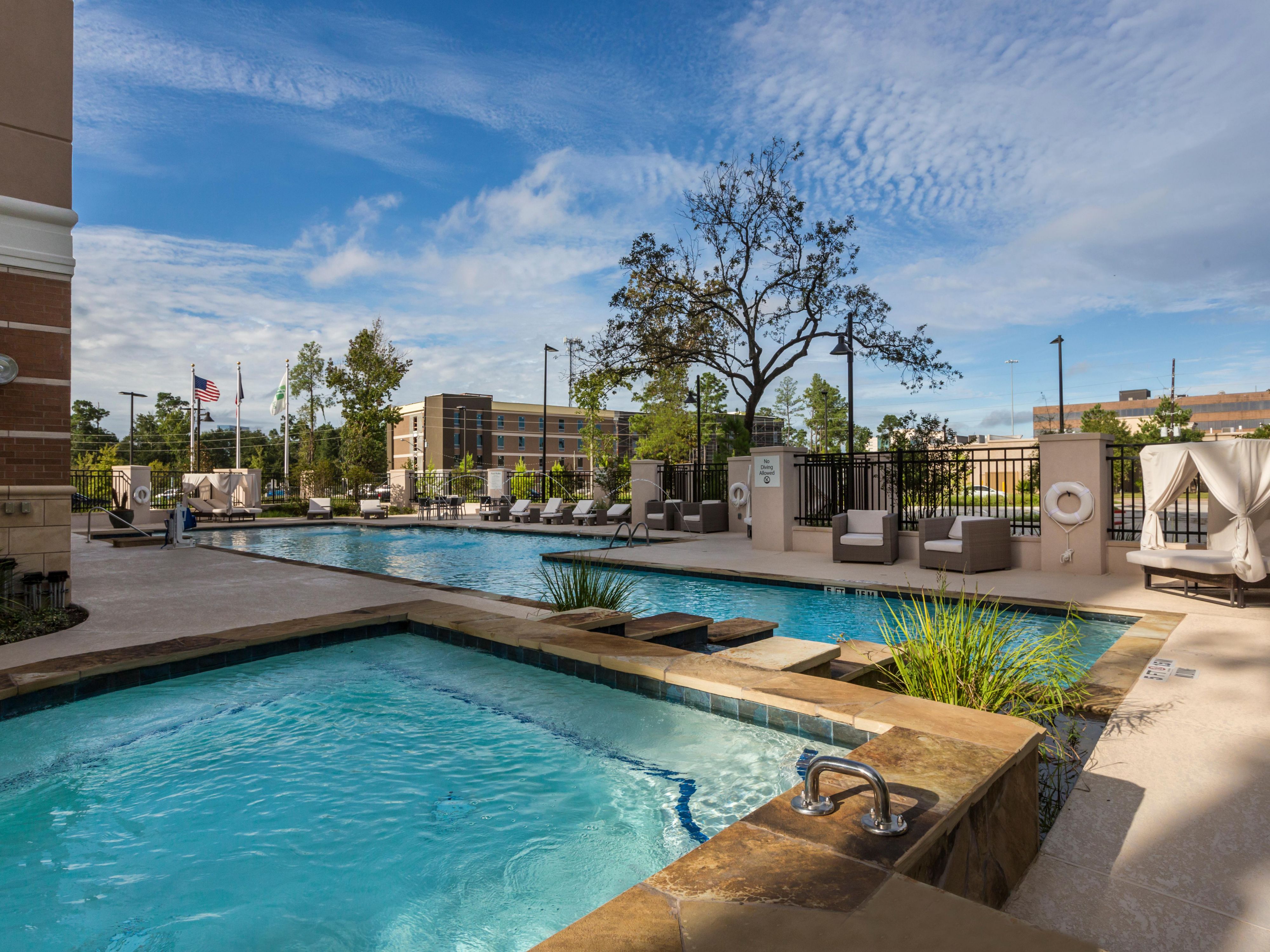 Unwind and refresh in our outdoor pool or take a soothing soak in the hot tub. Whether you're starting your morning with a peaceful swim or winding down under the Texas sky, our outdoor oasis provides the perfect setting for relaxation.
