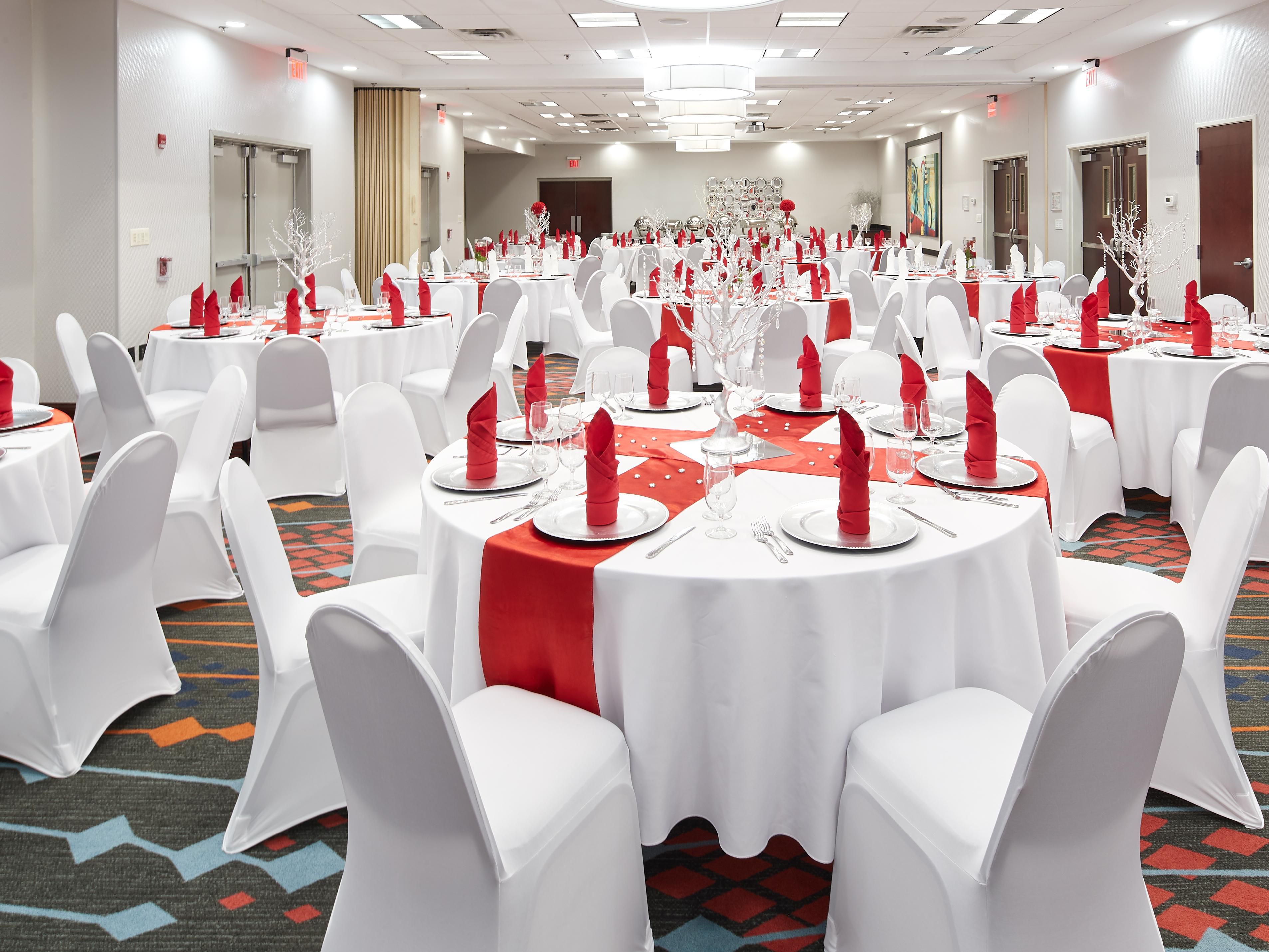 Spacious banquet room accommodates up to 150 guests. Banquet room has private parking, LCD Projector and screen, microphone access, podiums, flip charts, and easels. The banquet room also has built in speaking with HDMI connection, we also offer catering services for birthday parties, weddings, baby shower, corporate events, and more. 